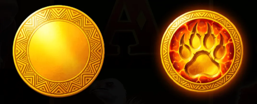 Two golden circular symbols, one plain and one with a fiery bear paw print, representing key icons in the Majestic King slot game.
