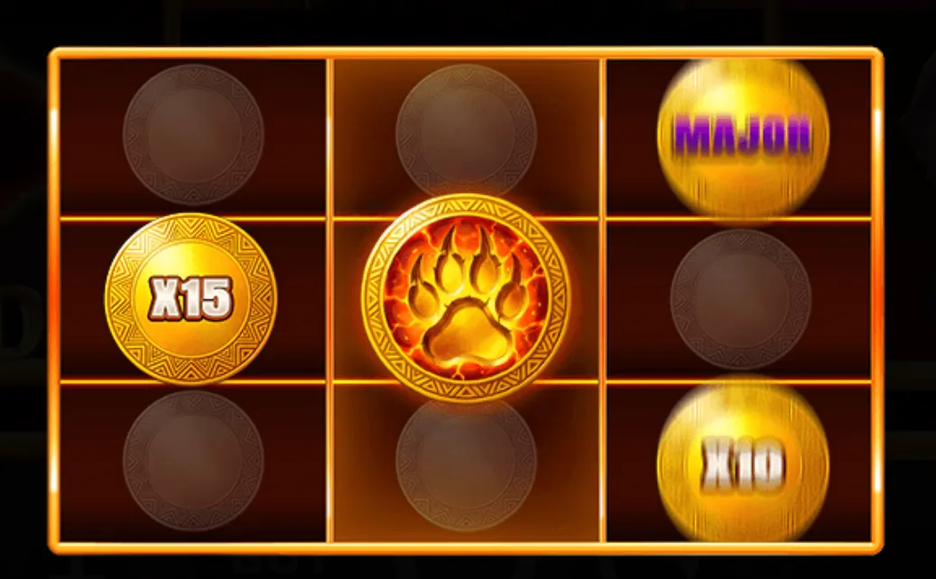 Majestic King slot game with a 3x3 grid featuring golden coins with multipliers and a fiery paw print symbol in the center.