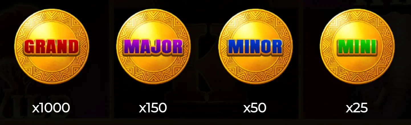 Four golden coins labeled Grand, Major, Minor, and Mini with respective multipliers x1000, x150, x50, and x25, representing jackpot tiers in Majestic King - Hold & Hit 3x3 slot game.