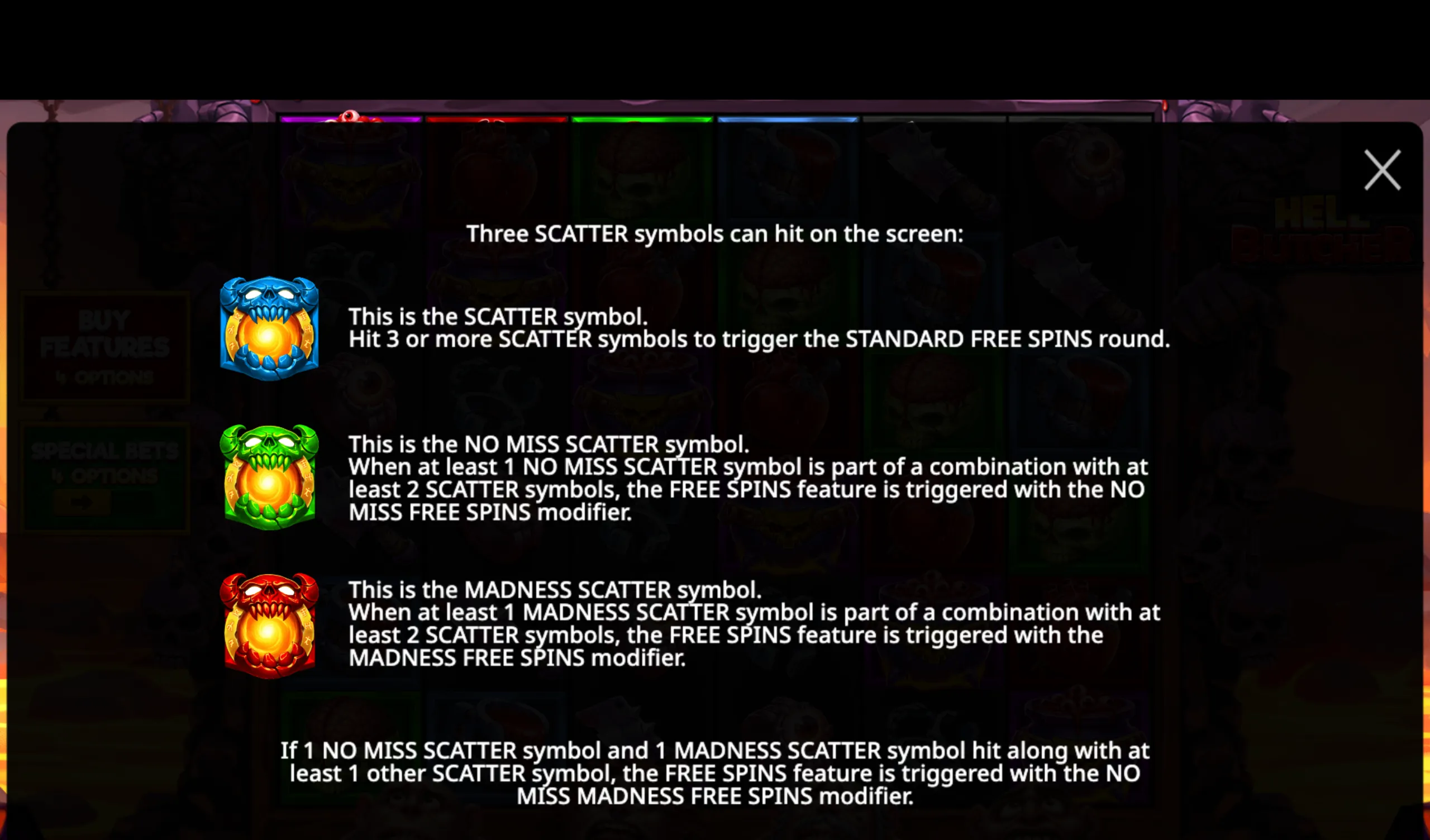 Instructional screen detailing the three types of scatter symbols in Hell Butcher slot game, each represented by a colored skull icon, explaining how to trigger free spins rounds.