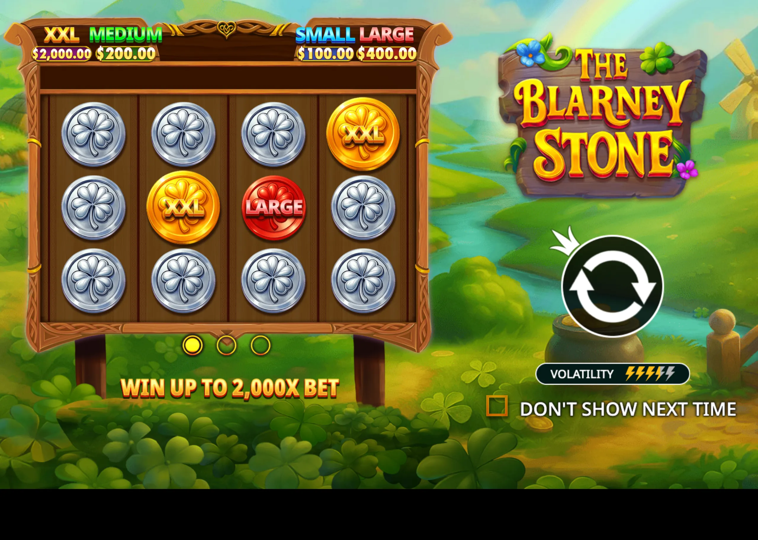 The Blarney Stone slot game features a wooden reel board with clover-themed coins and jackpot tiers labeled XXL, Medium, Small, and Large, set against a vibrant Irish countryside backdrop.