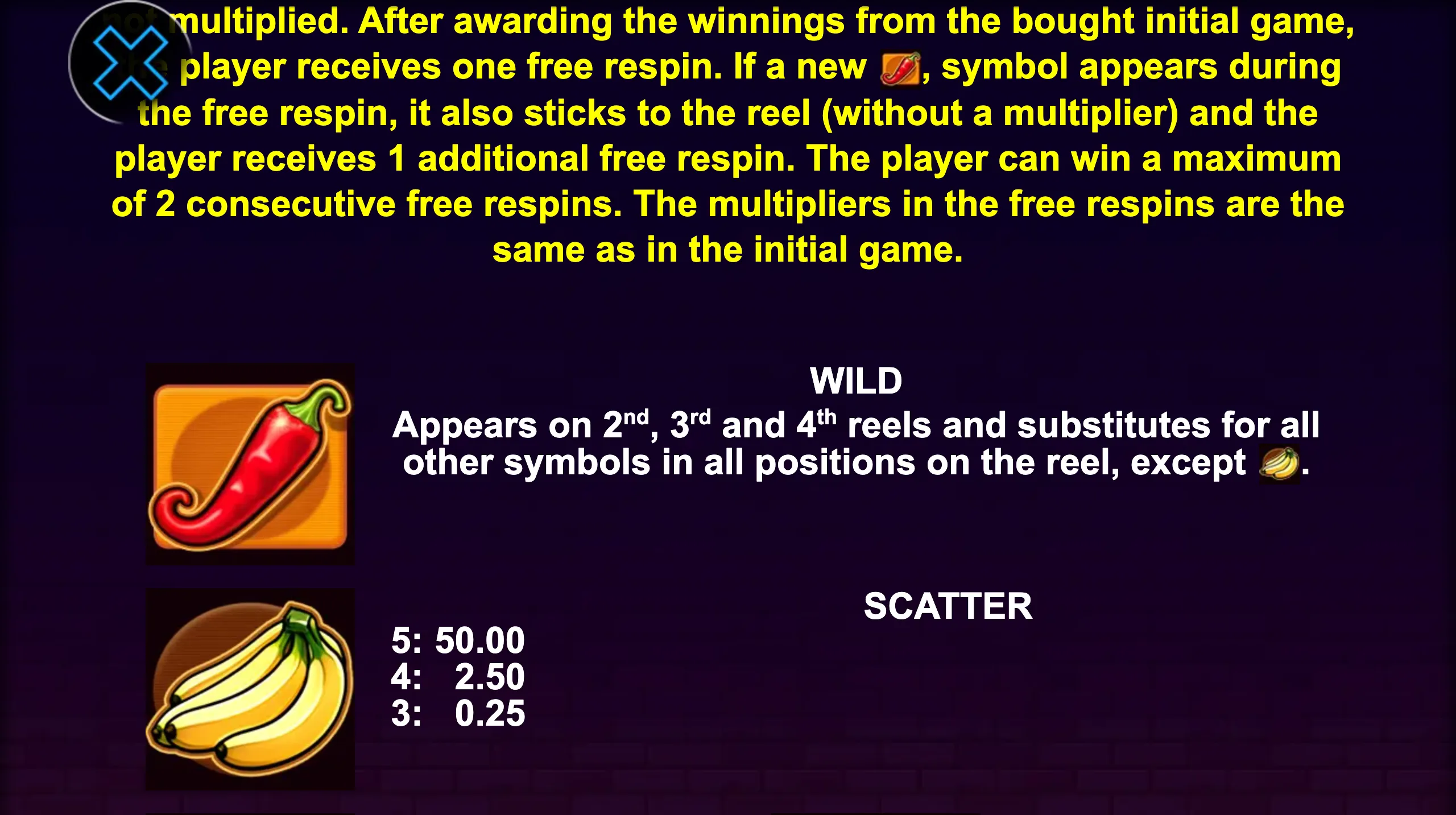 5 Chilli Fruits paytable page 1 with symbol payouts
