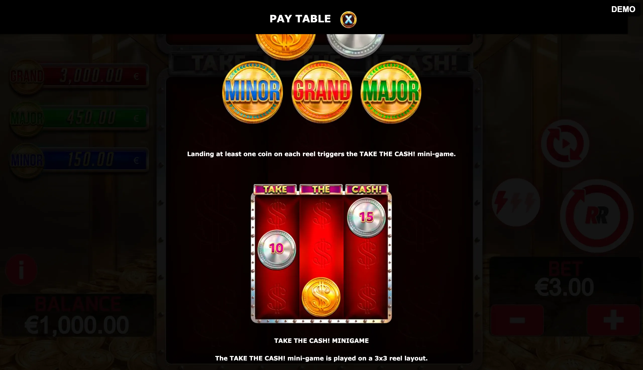Take The Cash paytable page 1 with symbol payouts
