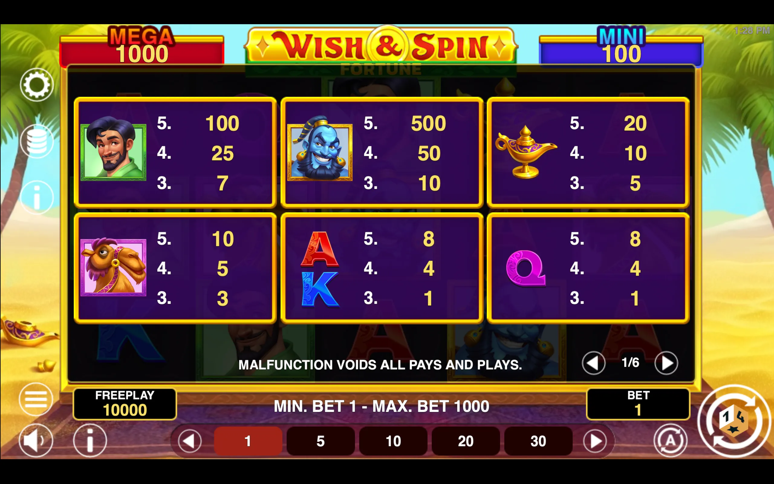 Wish & Spin Fortune paytable page 1 with symbol payouts