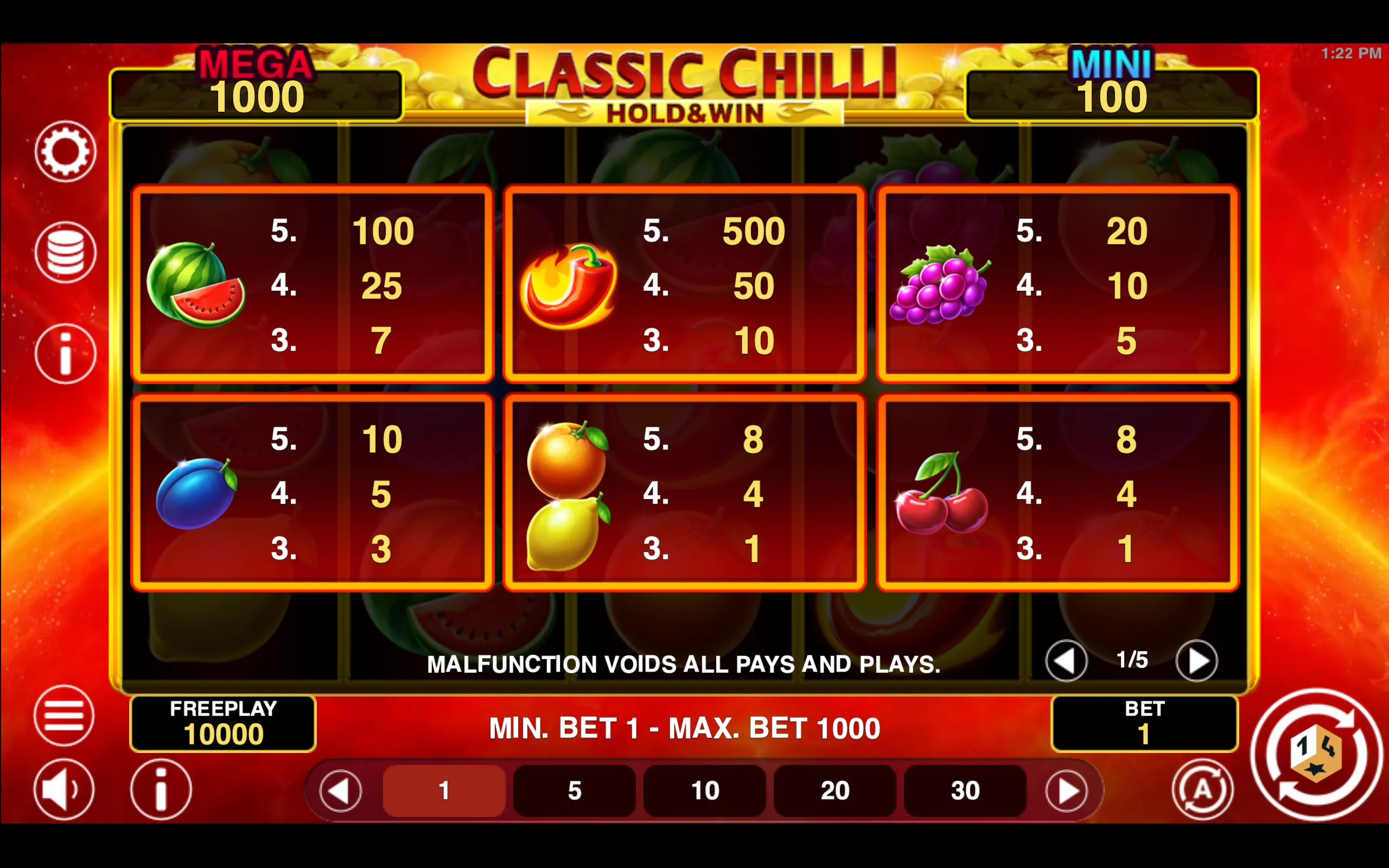 Classic Chilli Hold & Win paytable page 1 with symbol payouts