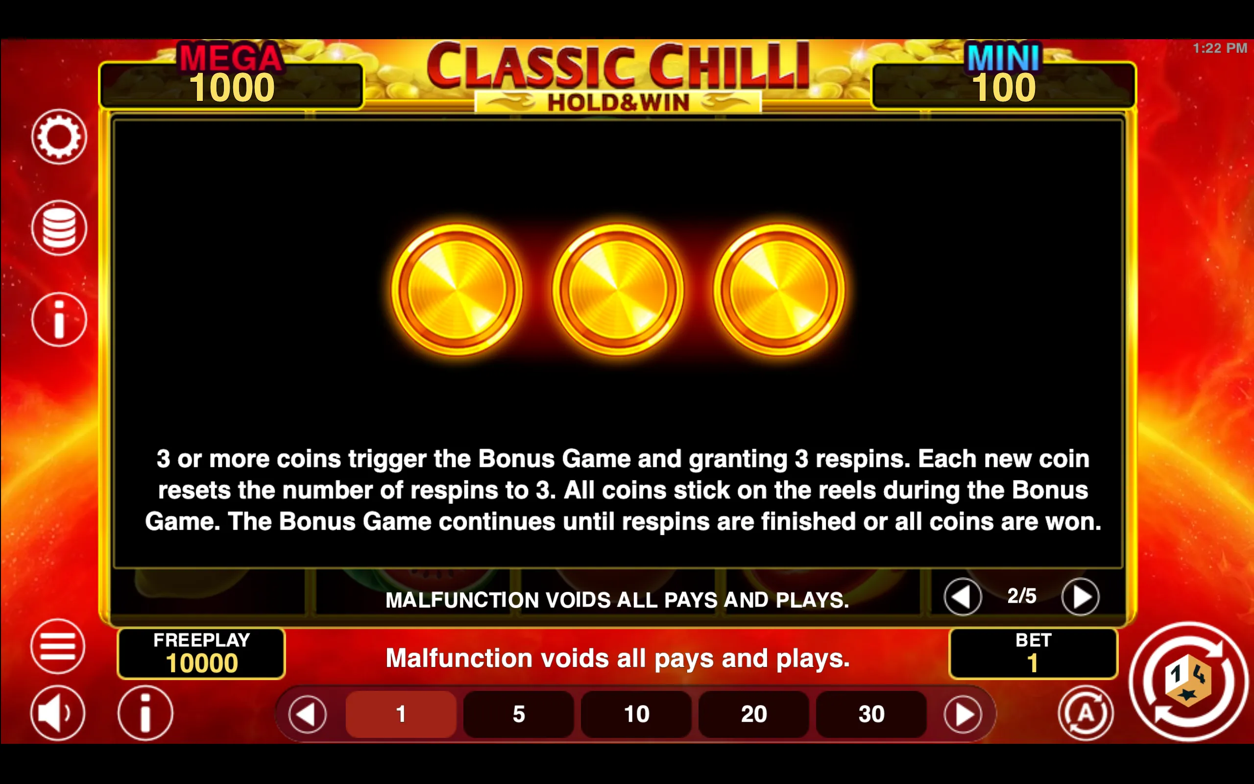 Classic Chilli Hold & Win paytable page 2 with symbol payouts