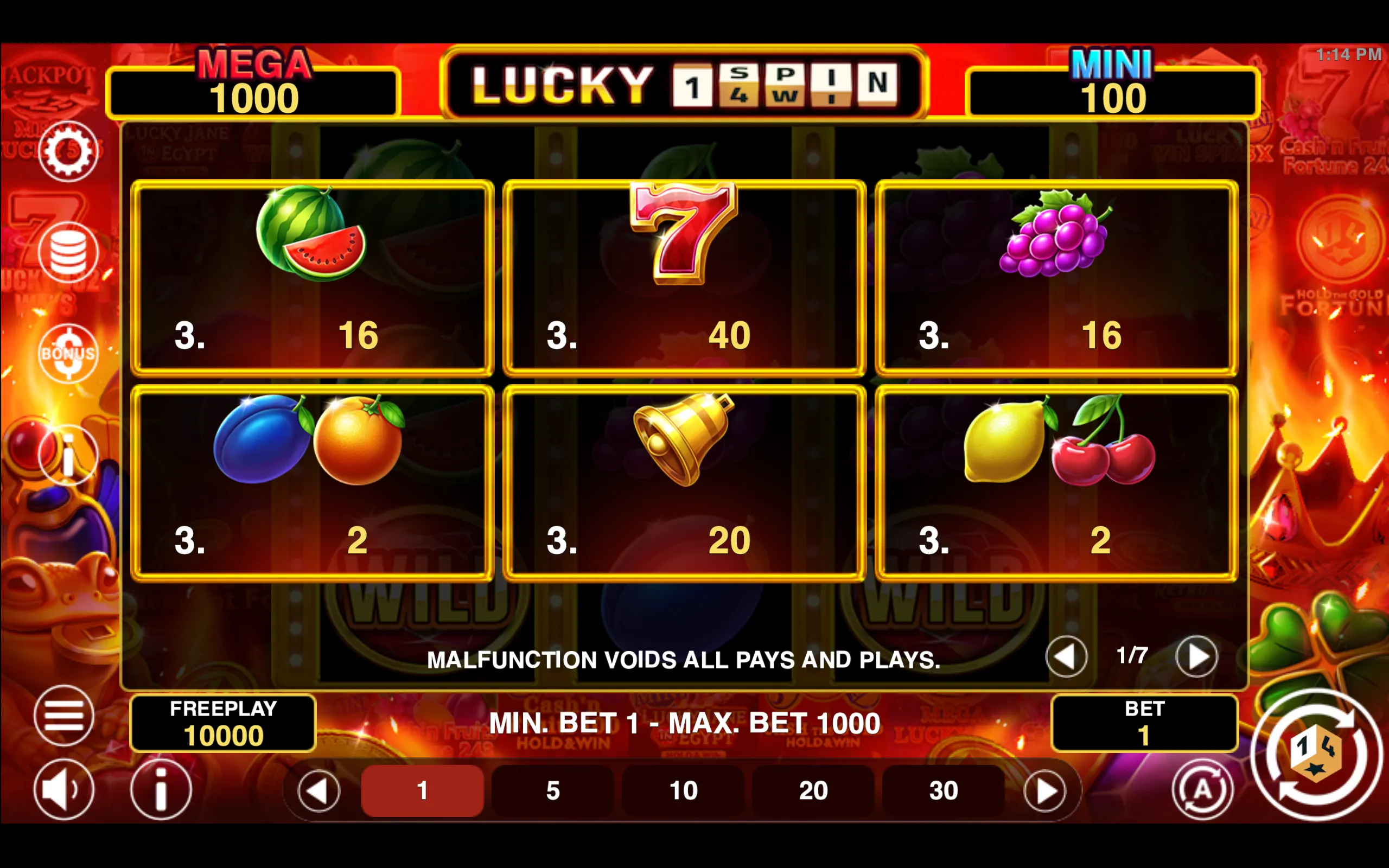 Lucky 1spin4win Hold & Win paytable page 1 with symbol payouts