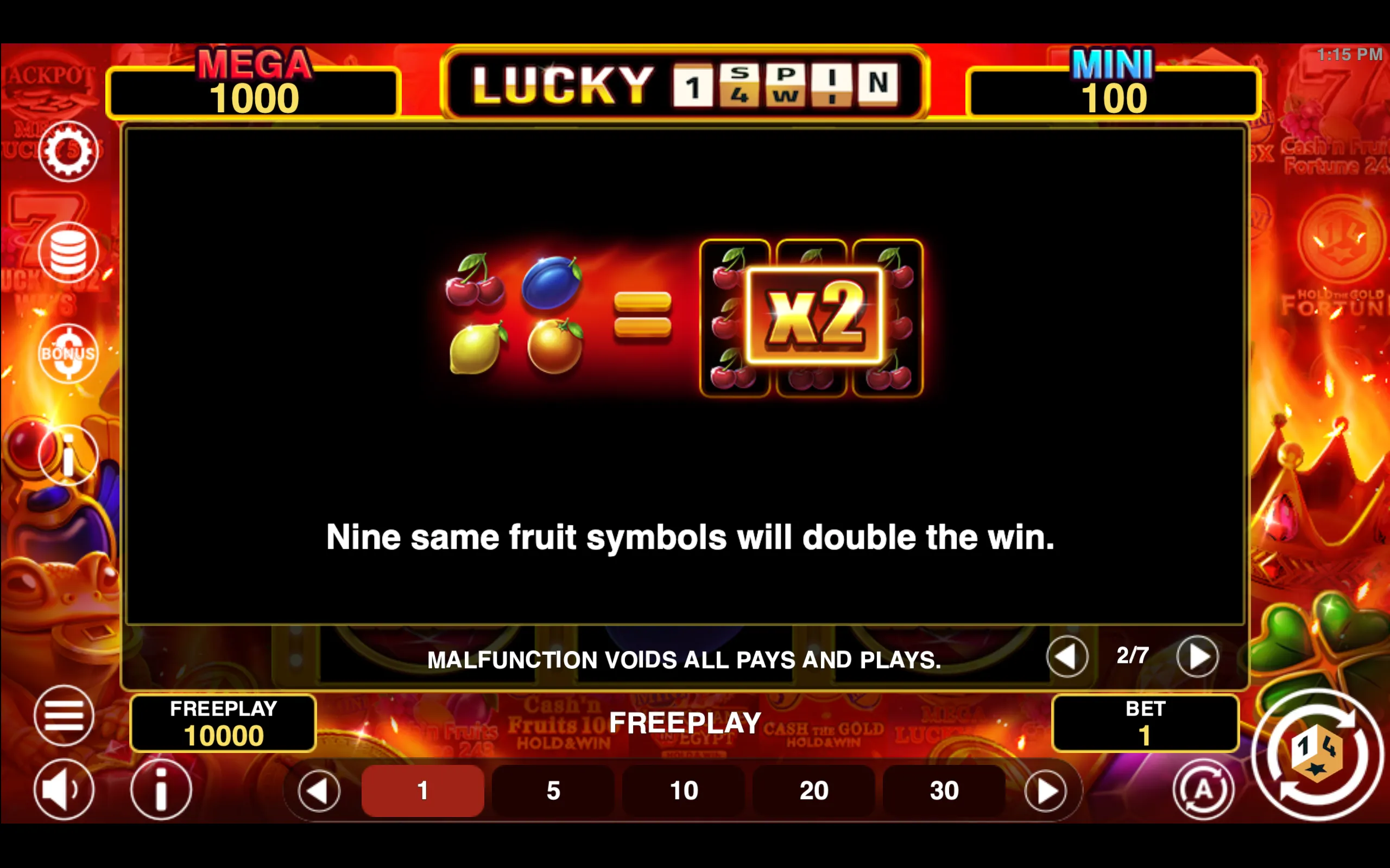 Lucky 1spin4win Hold & Win paytable page 2 with symbol payouts