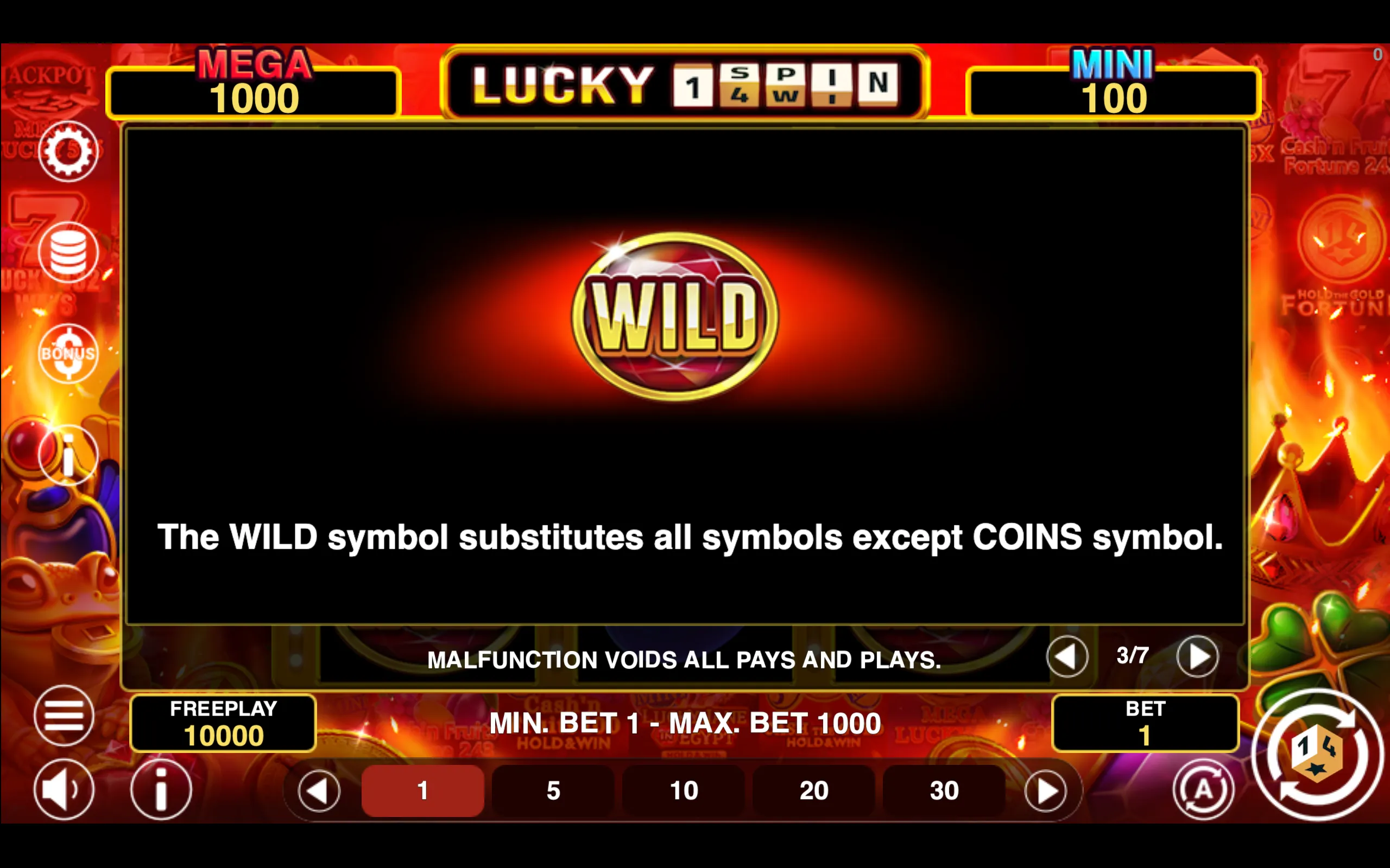 Lucky 1spin4win Hold & Win paytable page 3 with symbol payouts