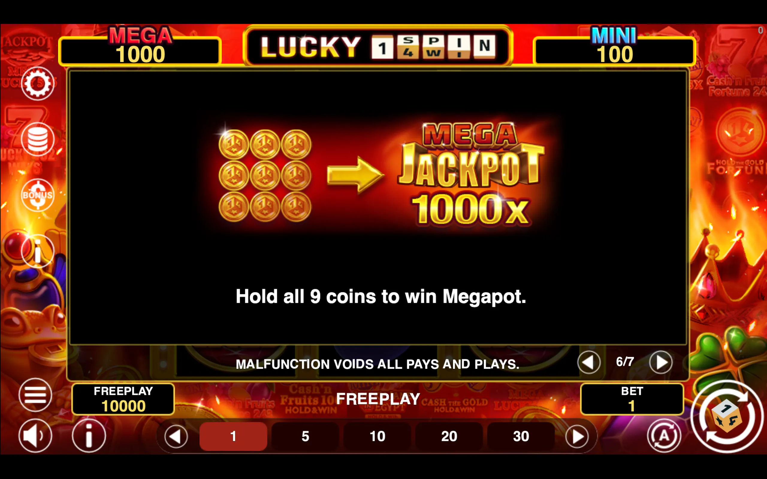 Lucky 1spin4win Hold & Win paytable page 5 with symbol payouts