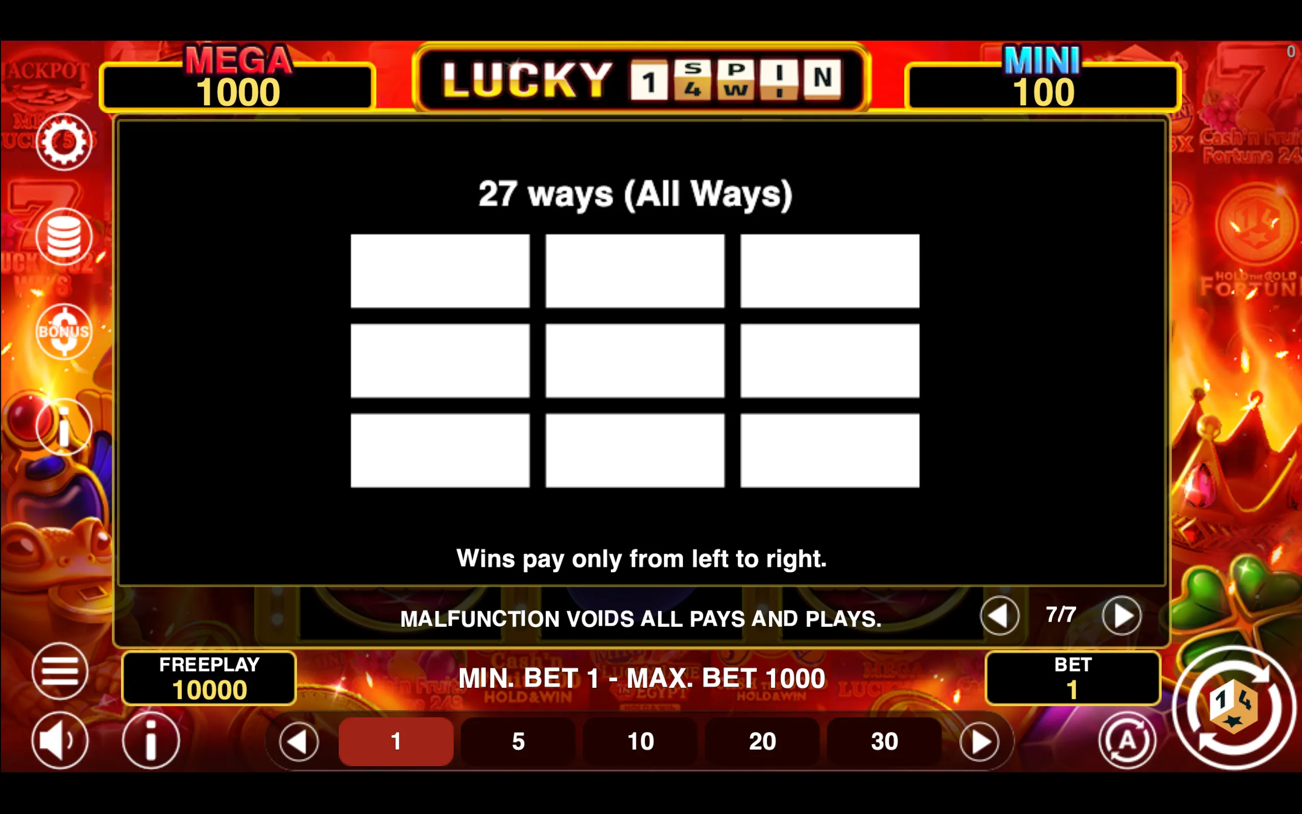 Lucky 1spin4win Hold & Win paytable page 6 with symbol payouts