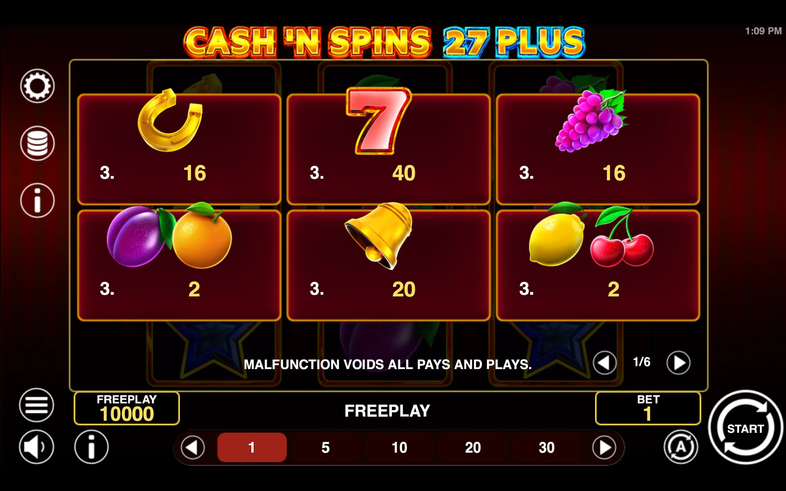 Cash'n Spins 27 Plus paytable page 1 with symbol payouts