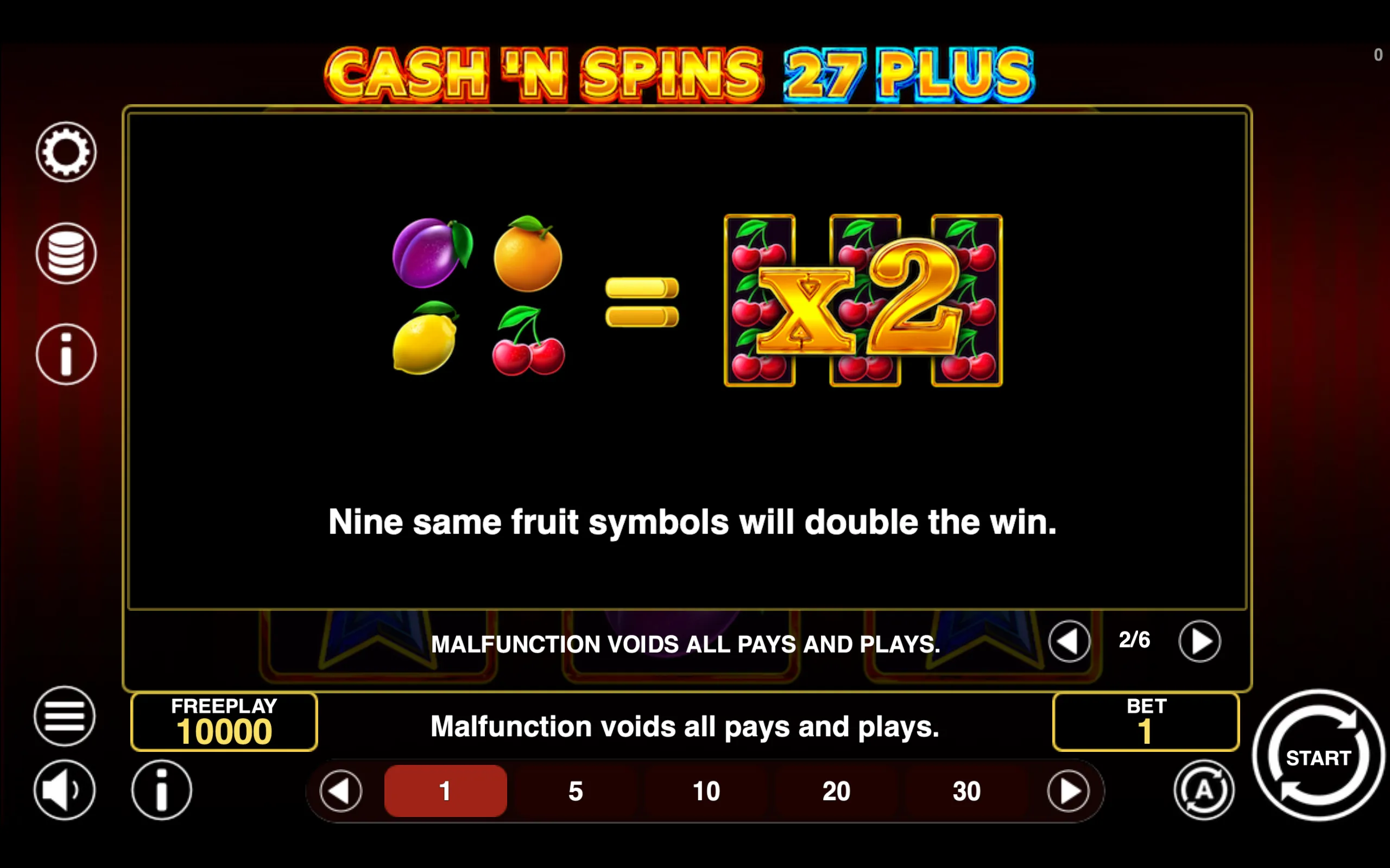Cash'n Spins 27 Plus paytable page 2 with symbol payouts