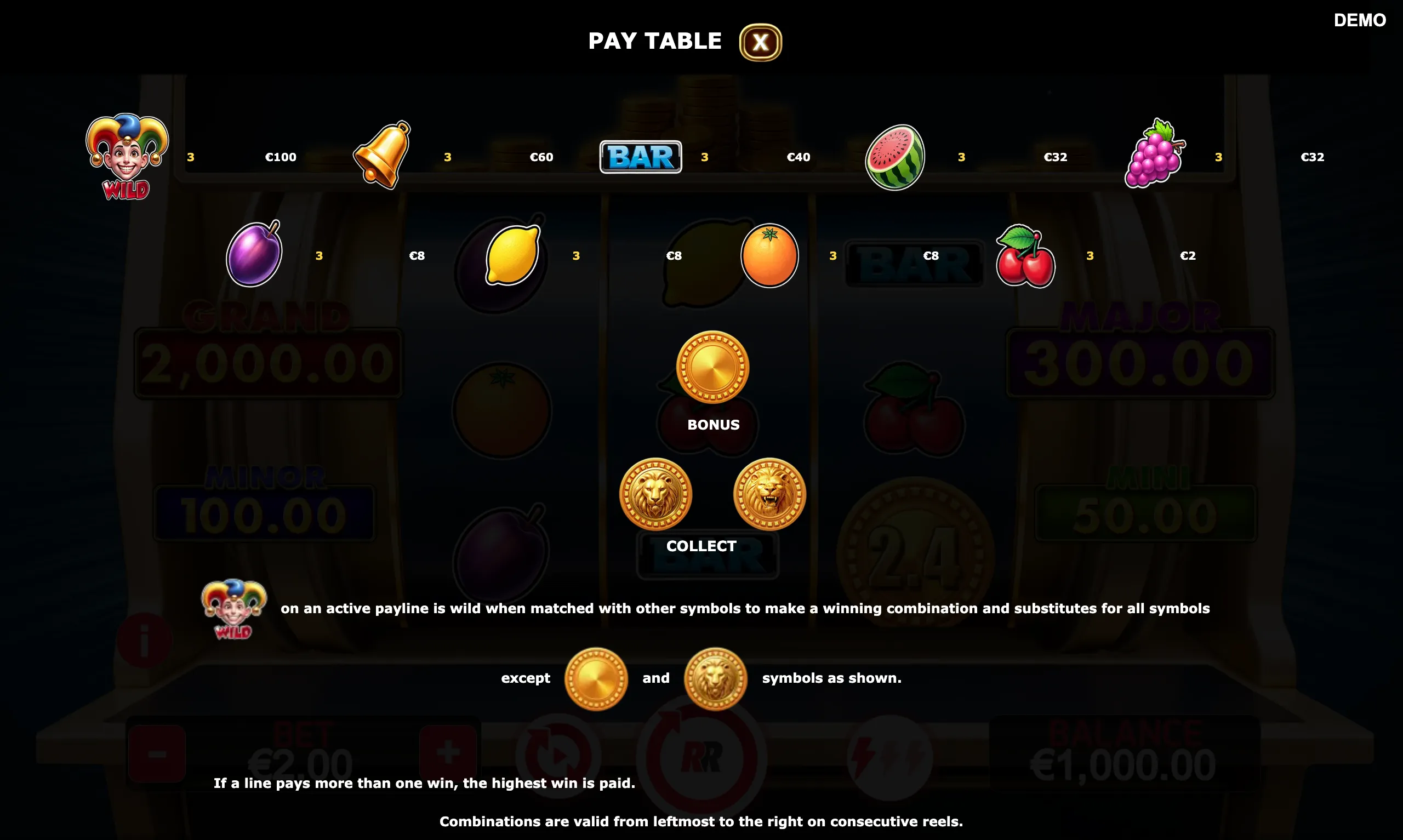 Roaring Coins paytable page 1 with symbol payouts