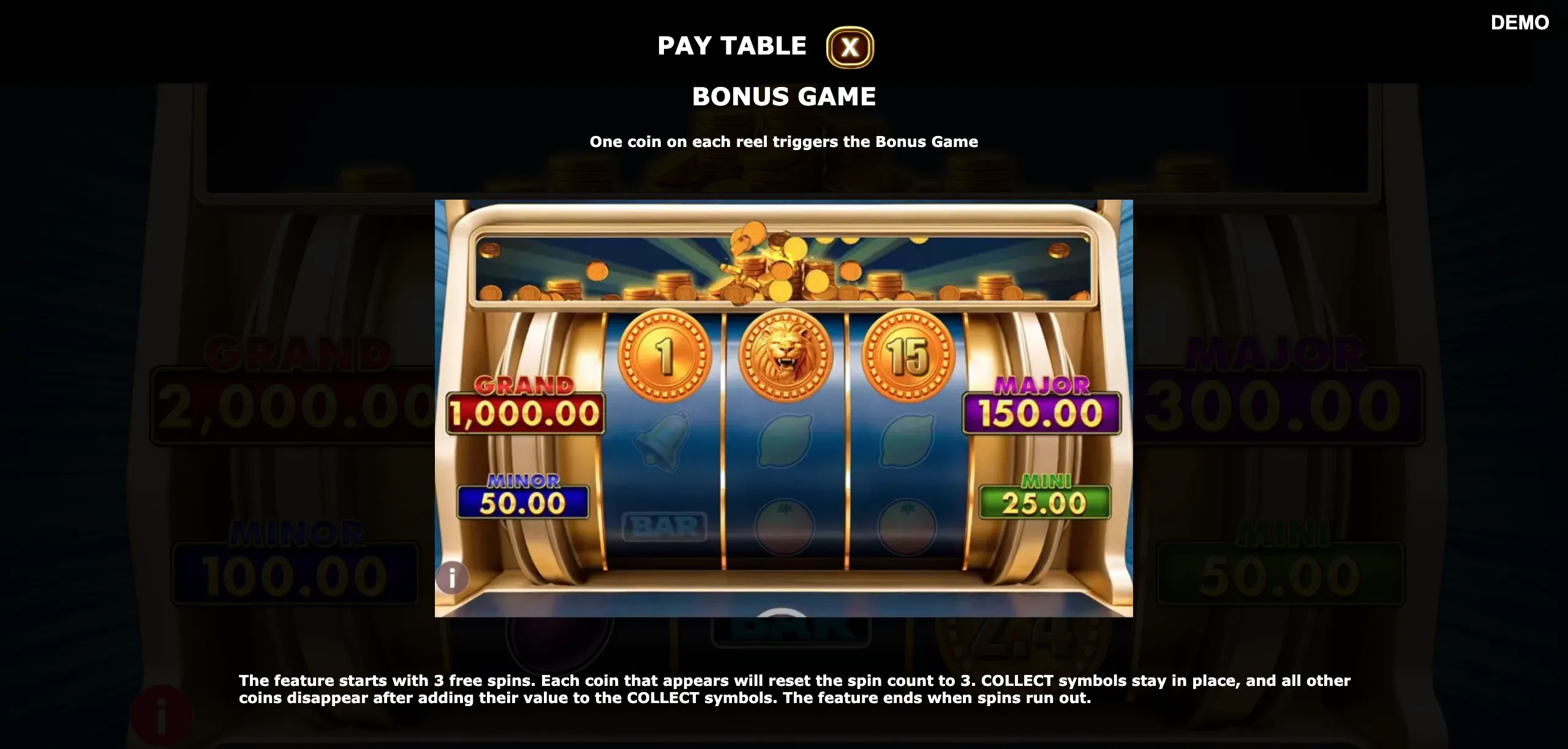 Roaring Coins paytable page 2 with symbol payouts
