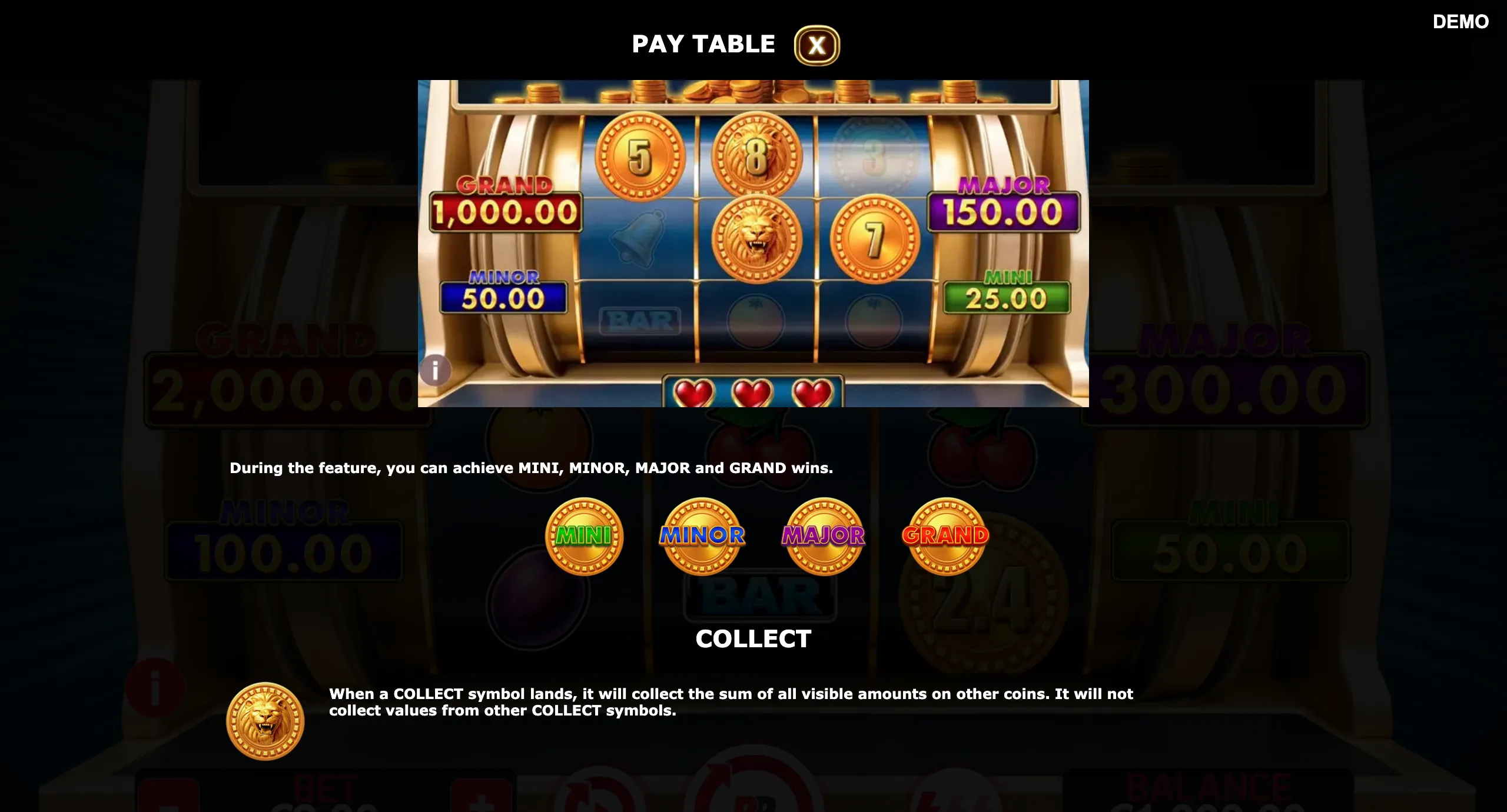 Roaring Coins paytable page 3 with symbol payouts