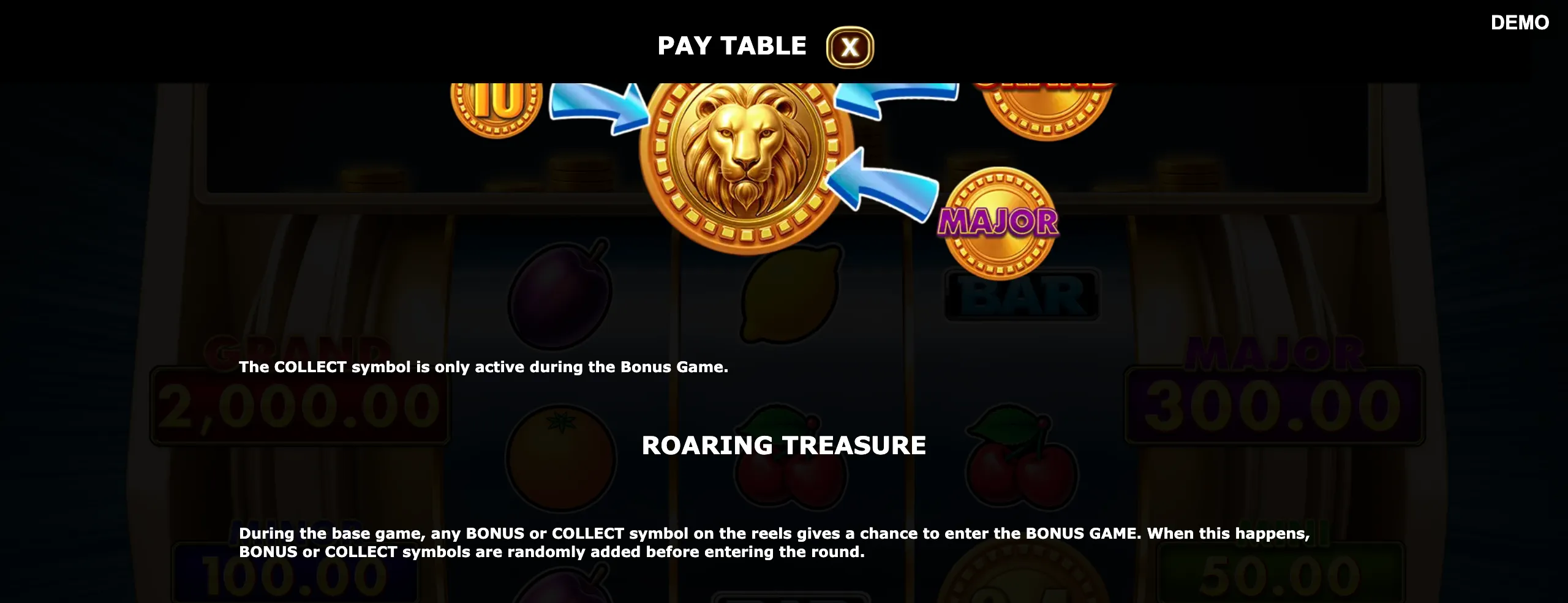 Roaring Coins paytable page 4 with symbol payouts