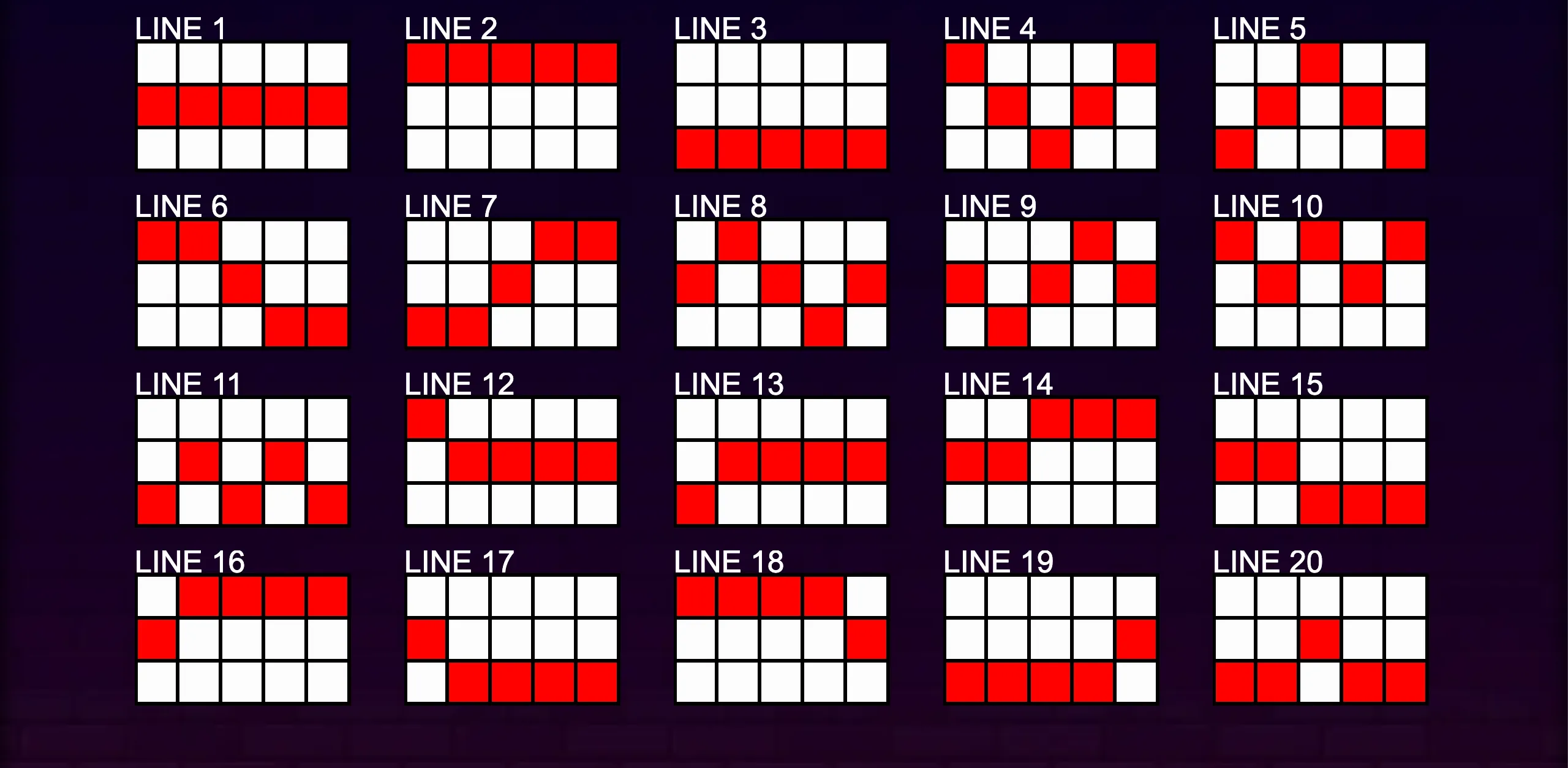 Visual guide showing 20 different paylines for the slot game 20 Chilli Fruits with highlighted paths in red.