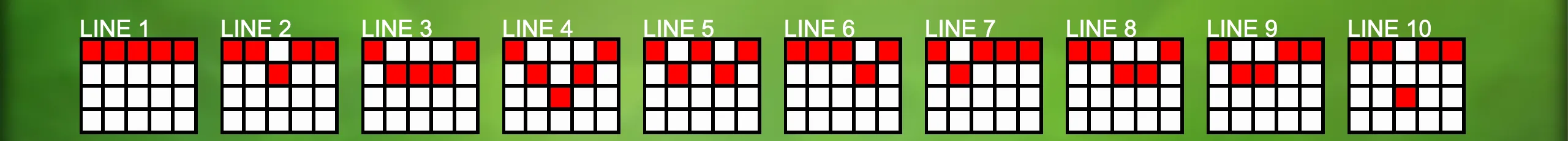 Payline patterns for the slot game 100 Fruitata Wins displayed on a green background.