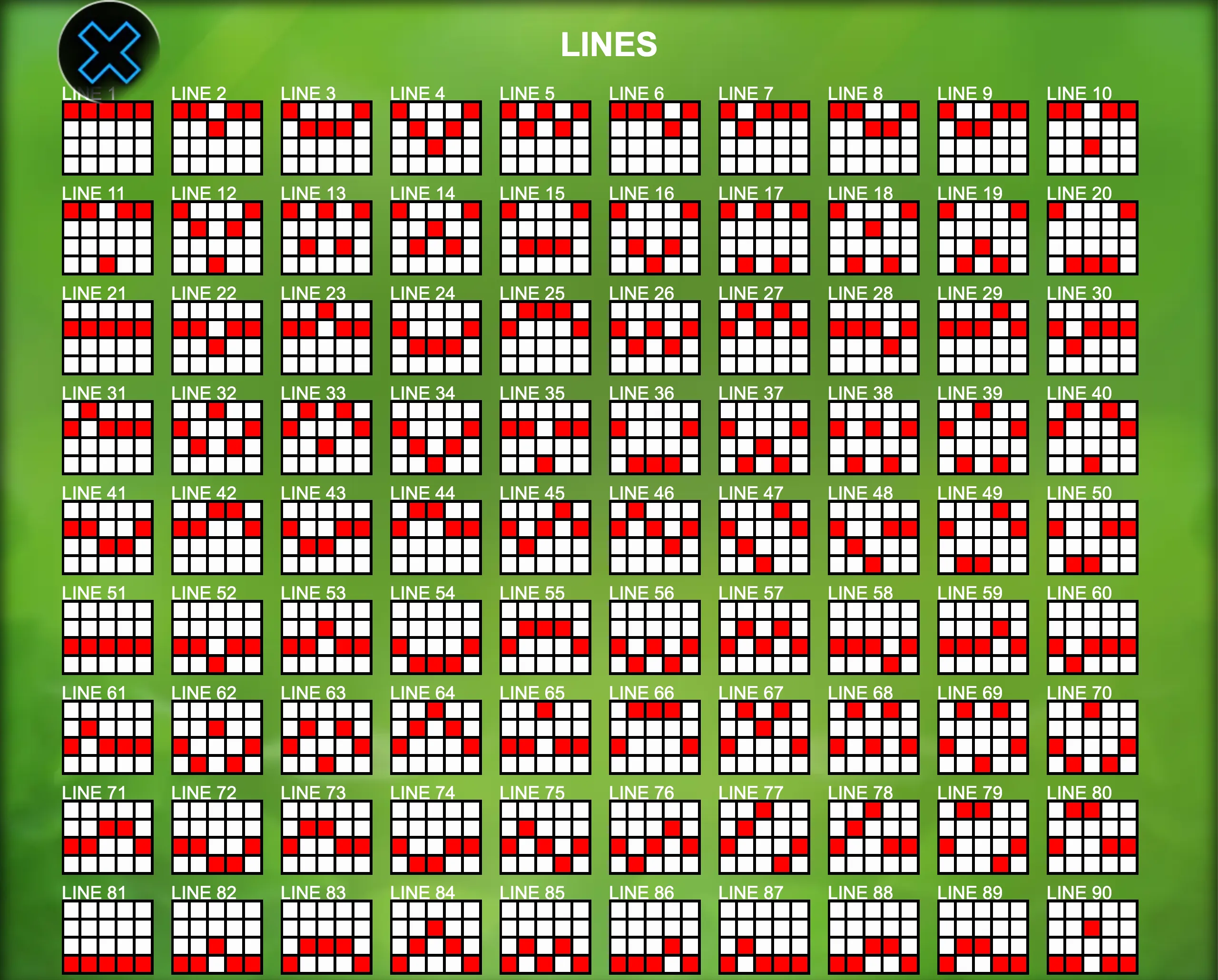 A detailed grid showing 100 paylines for the slot game 100 Fruitata Wins with red highlighted paths on a green background.