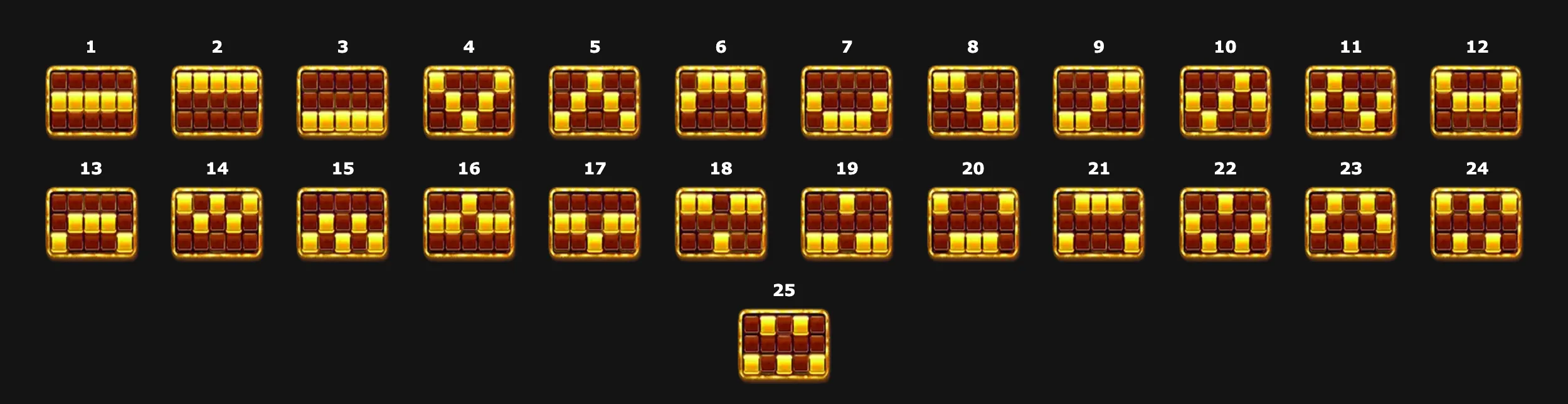 A grid of 25 golden-bordered payline patterns with brown and gold blocks on a dark background, representing the winning lines in the Sacred Coins slot game.