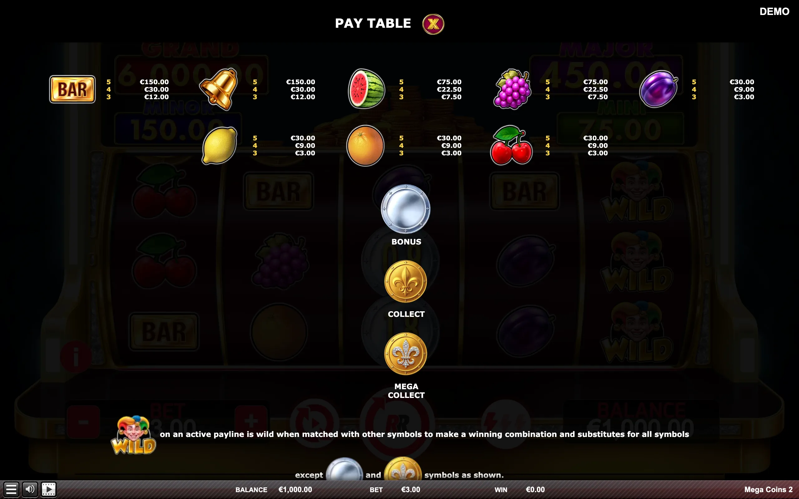Mega Coins 2 paytable page 1 with symbol payouts