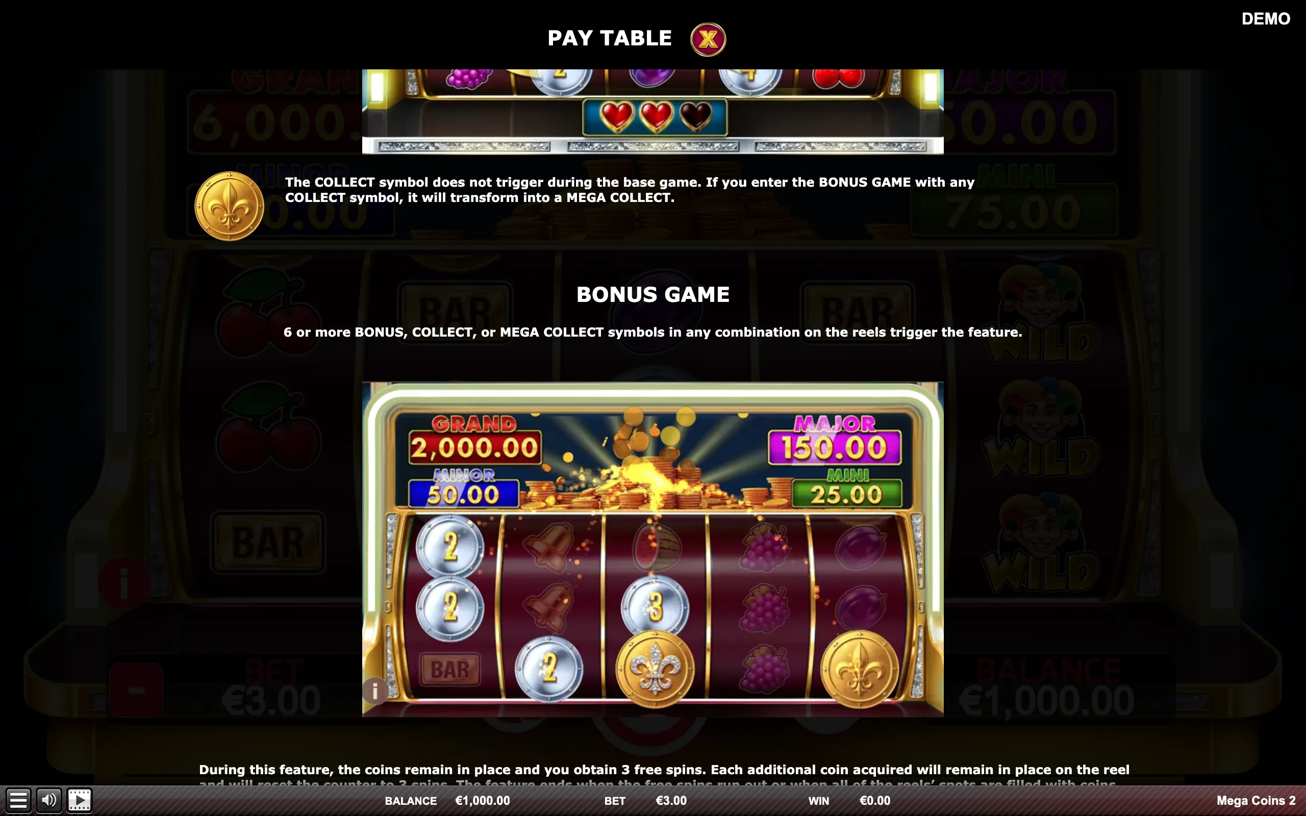 Mega Coins 2 paytable page 3 with symbol payouts