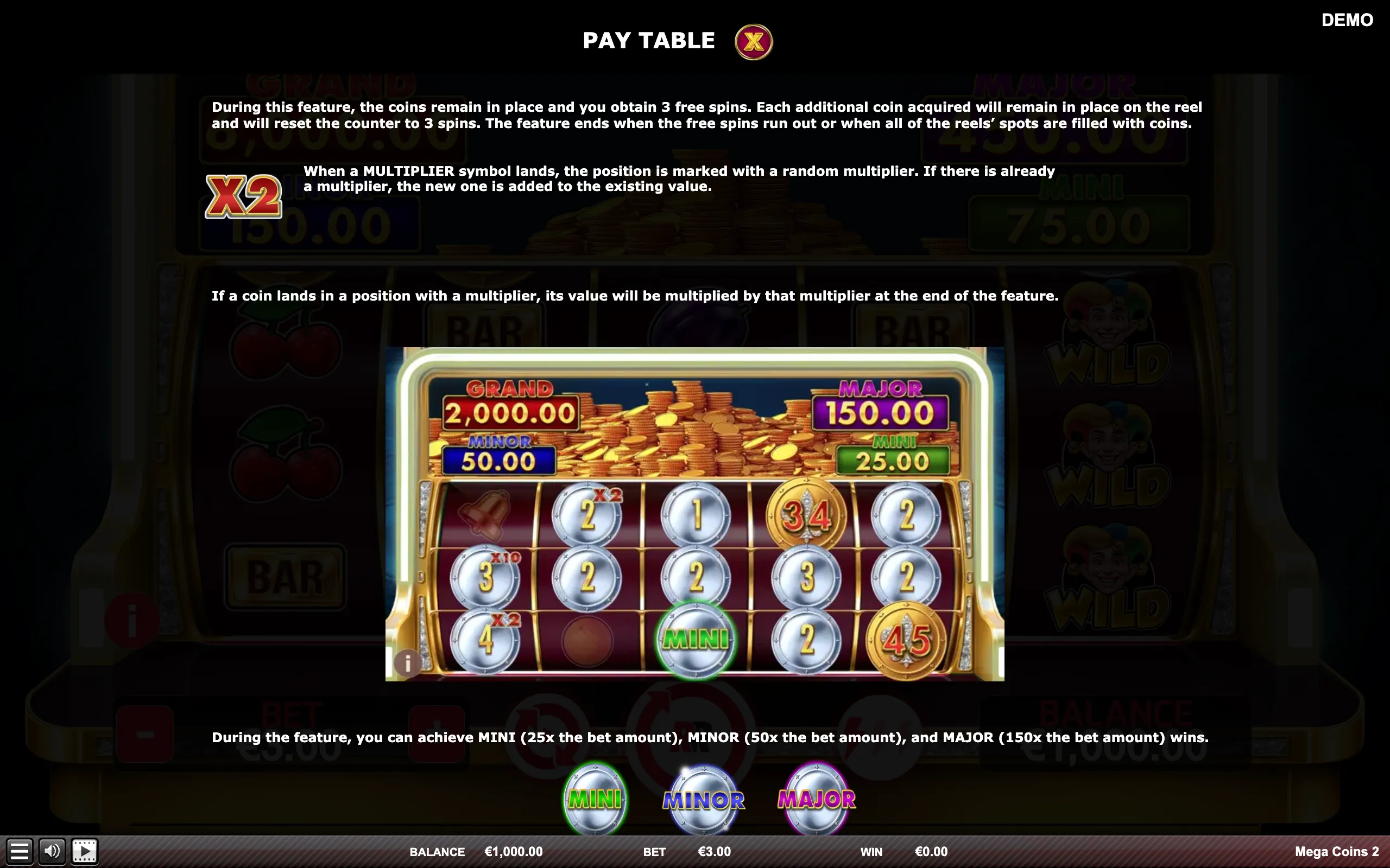Mega Coins 2 paytable page 4 with symbol payouts