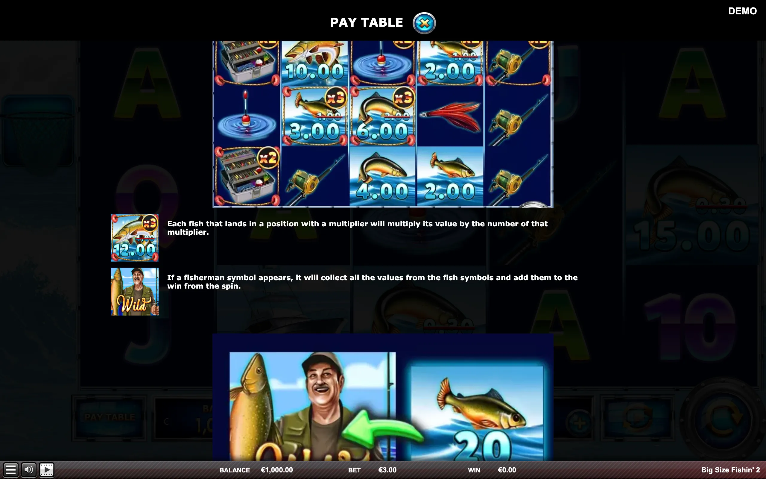 Big Size Fishin' 2 paytable page 3 with symbol payouts