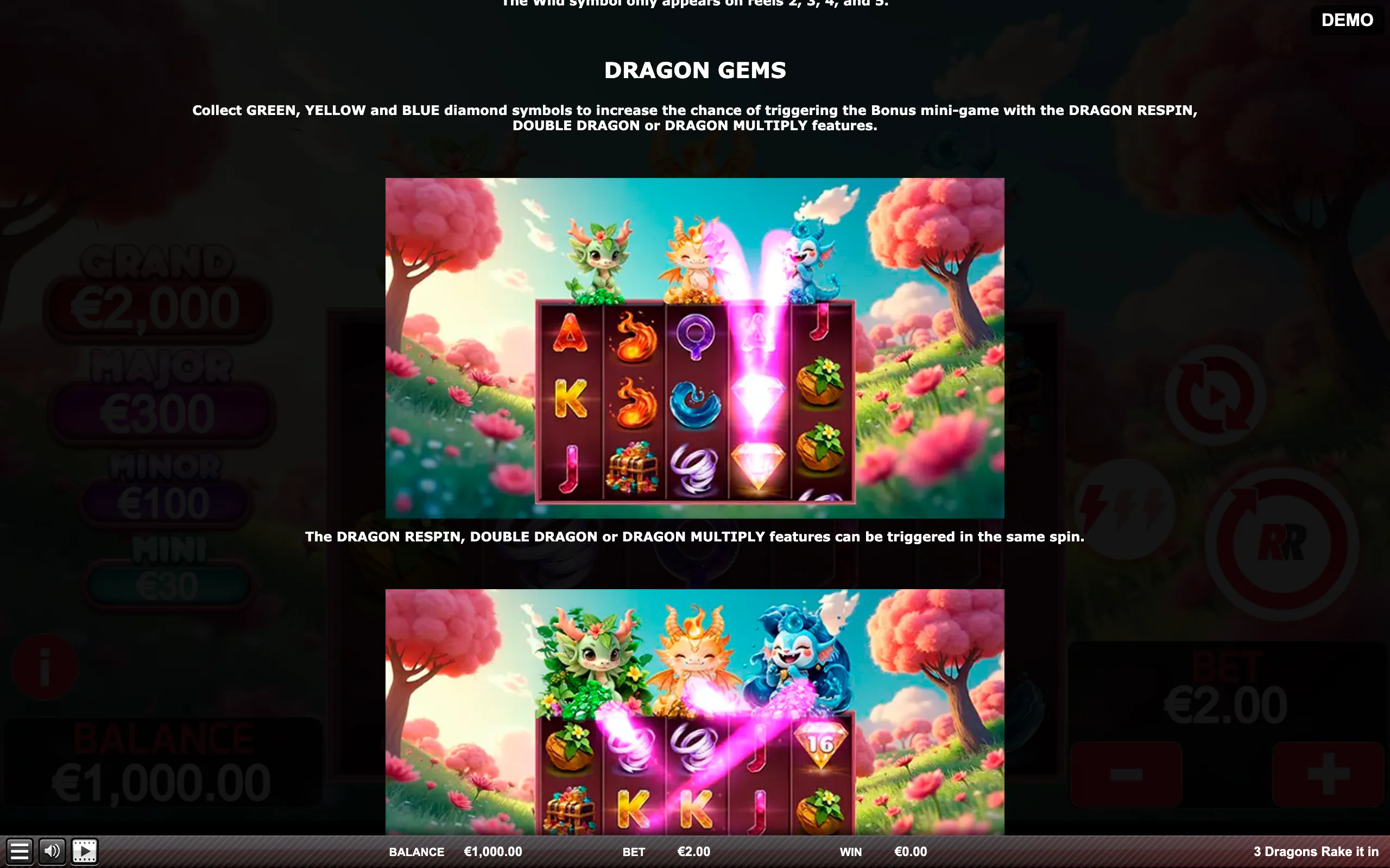 3 Dragons Rake It In paytable page 2 with symbol payouts