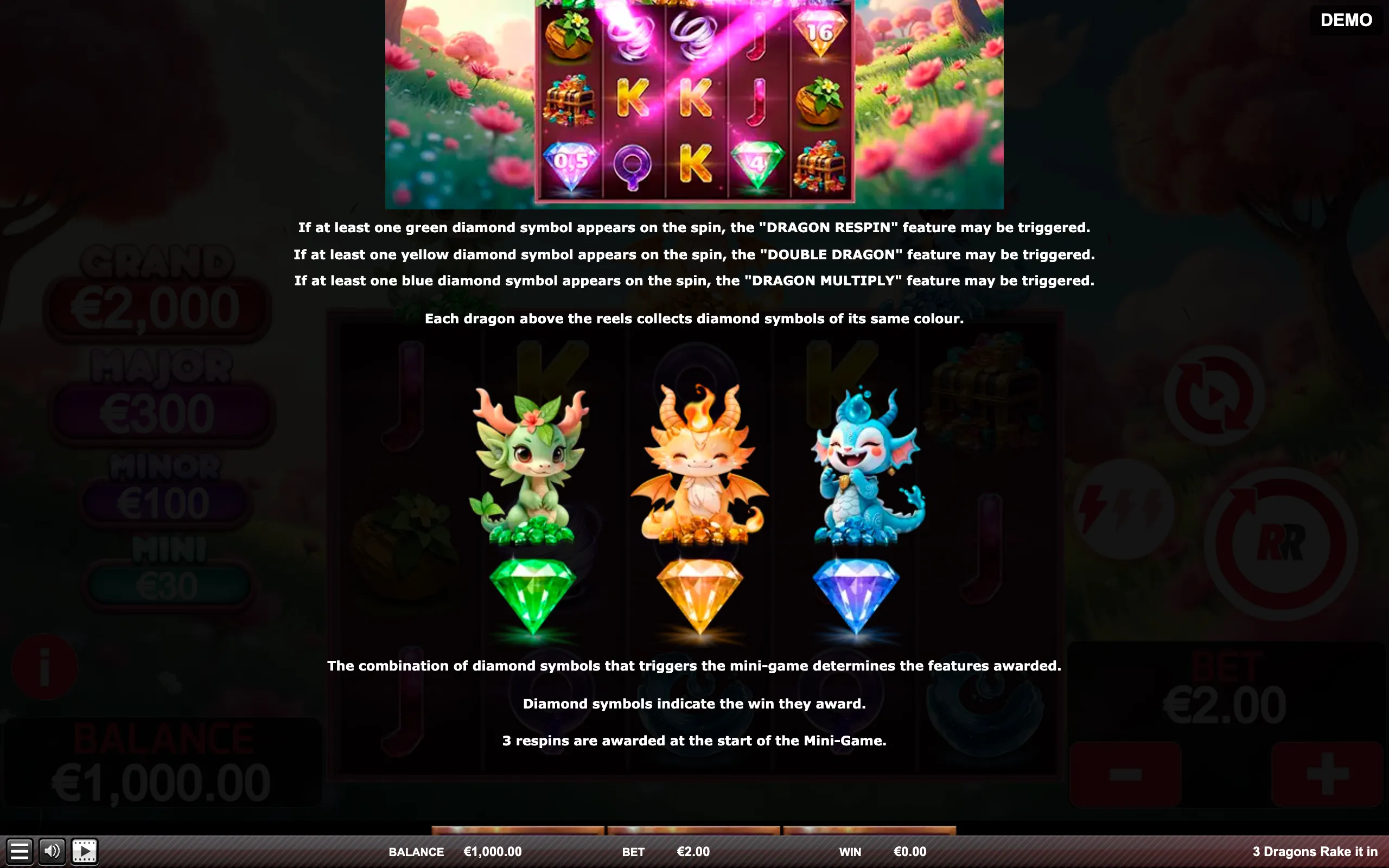 3 Dragons Rake It In paytable page 3 with symbol payouts