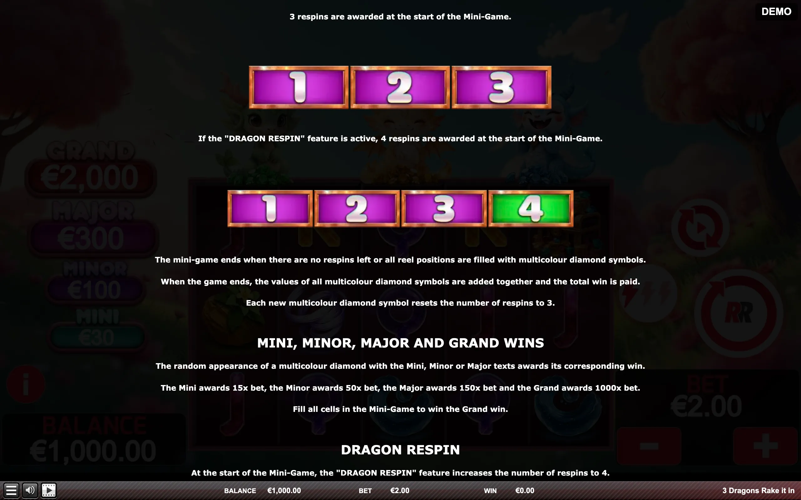 3 Dragons Rake It In paytable page 4 with symbol payouts