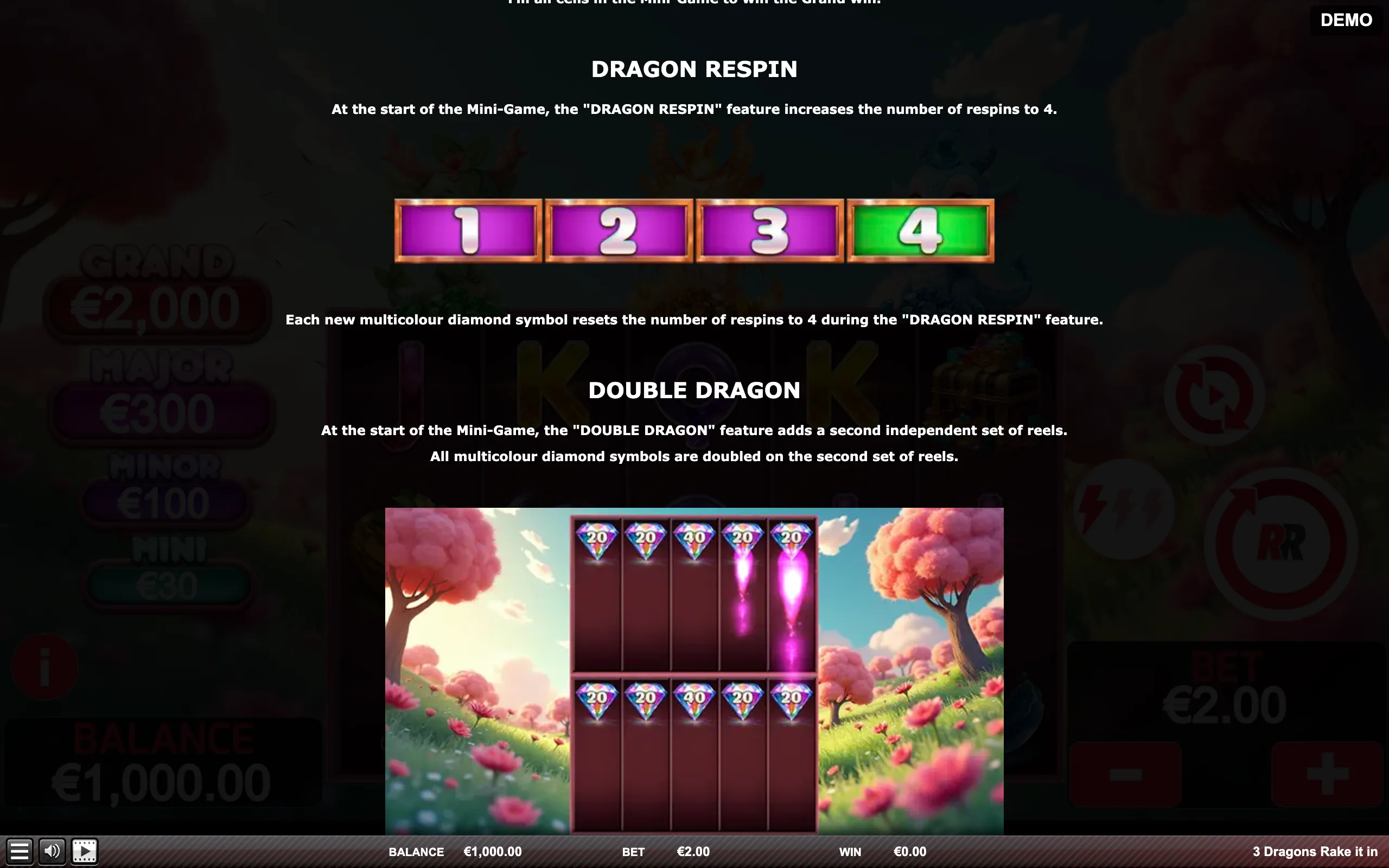 3 Dragons Rake It In paytable page 5 with symbol payouts