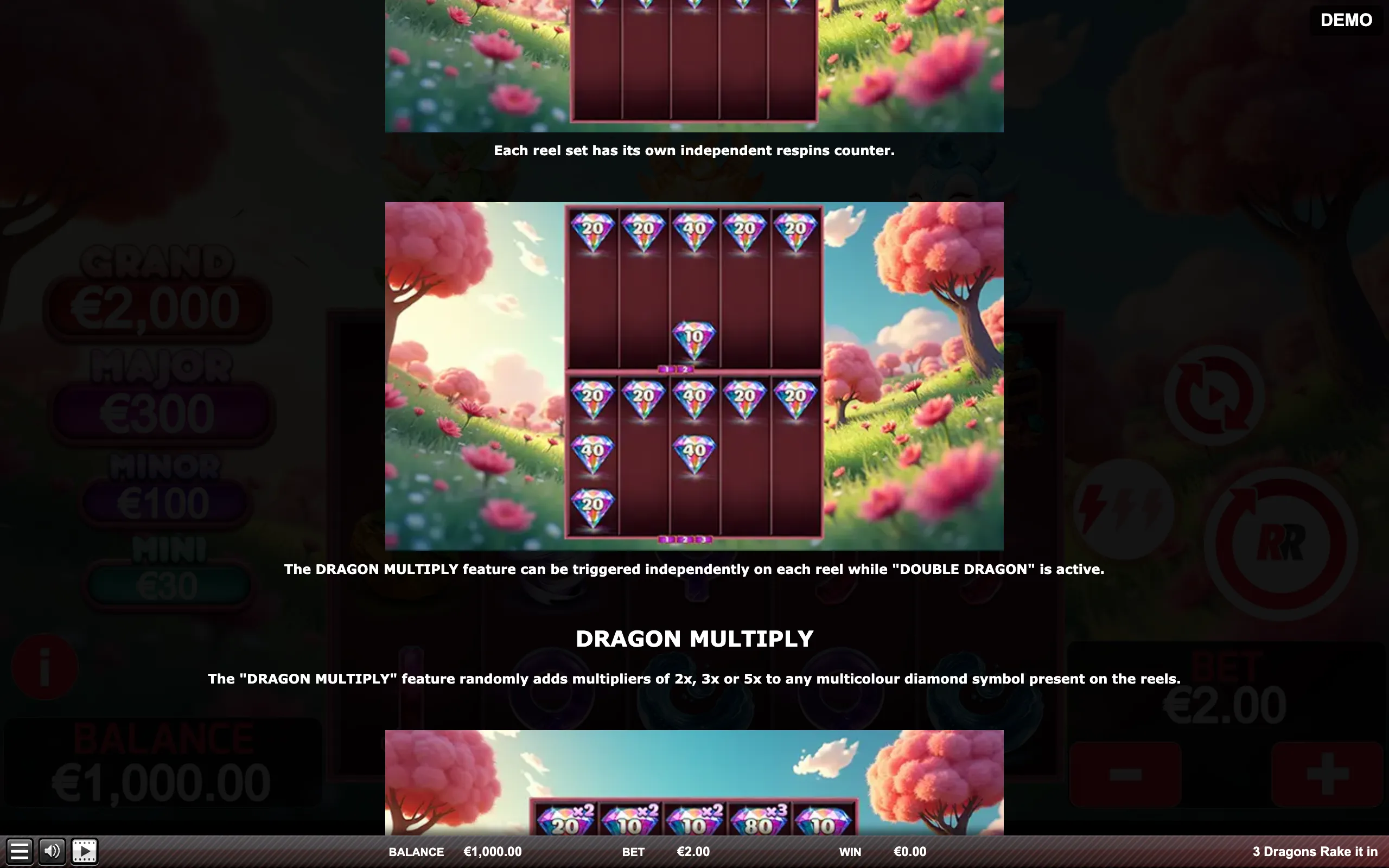 3 Dragons Rake It In paytable page 6 with symbol payouts