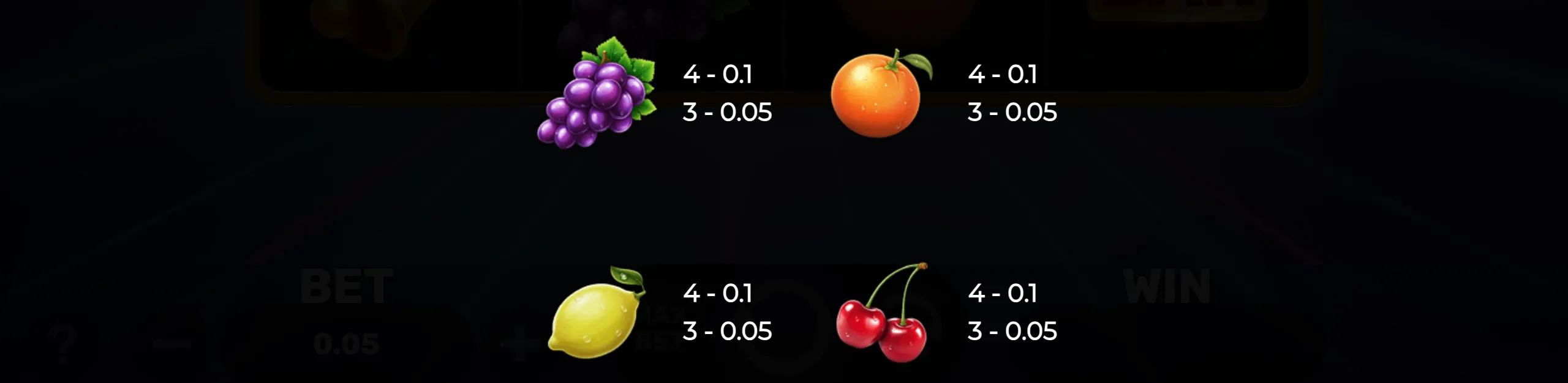 Colorful fruit symbols including grapes, orange, lemon, and cherries with payout values on a dark background from the slot game 81 Fruits Craze.