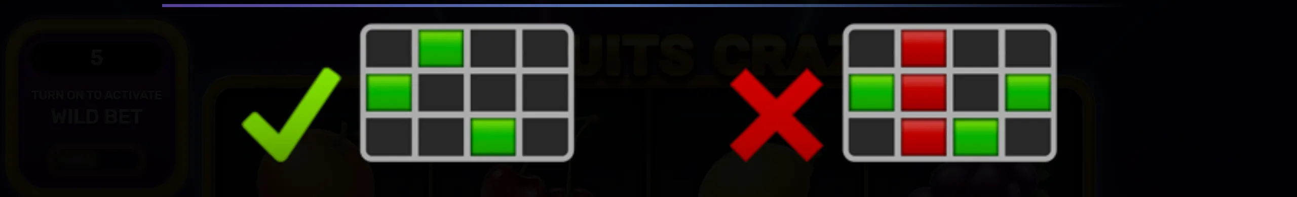 Slot game tutorial image showing correct and incorrect pattern examples with green check and red cross.