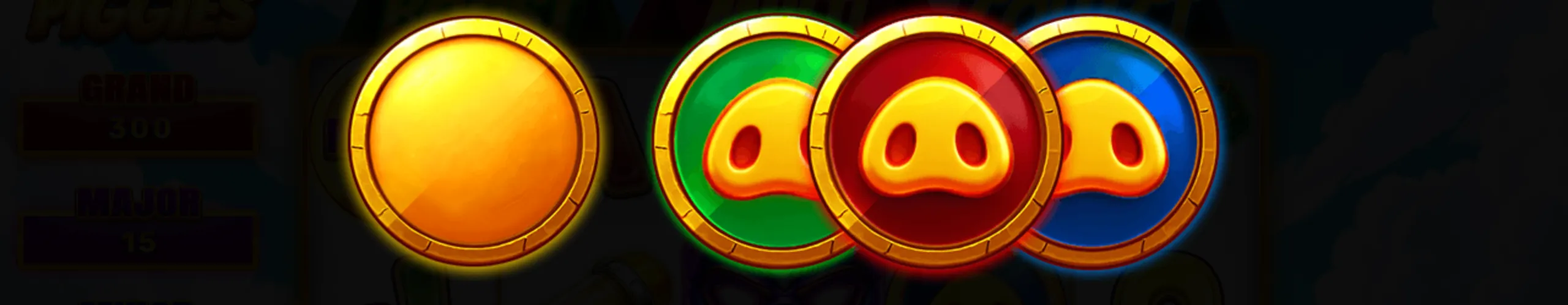 Bright and colorful coins featuring pig snouts in red, green, and blue backgrounds from the slot game 3 Hero Piggies.