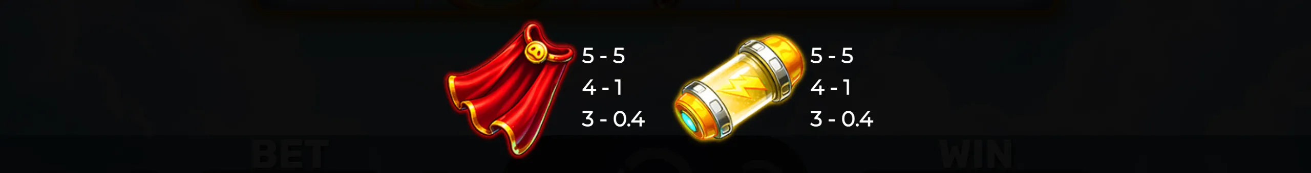 Brightly colored superhero cape and energy capsule symbols with payout values from the slot game 3 Hero Piggies