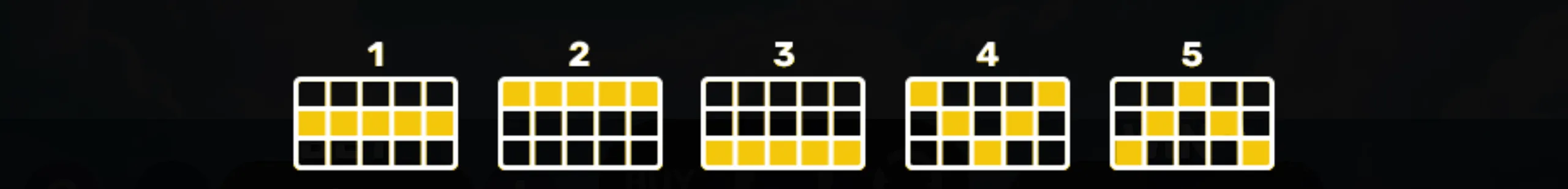 Payline patterns for the slot game 3 Hero Piggies displayed with bright yellow highlights on a dark background