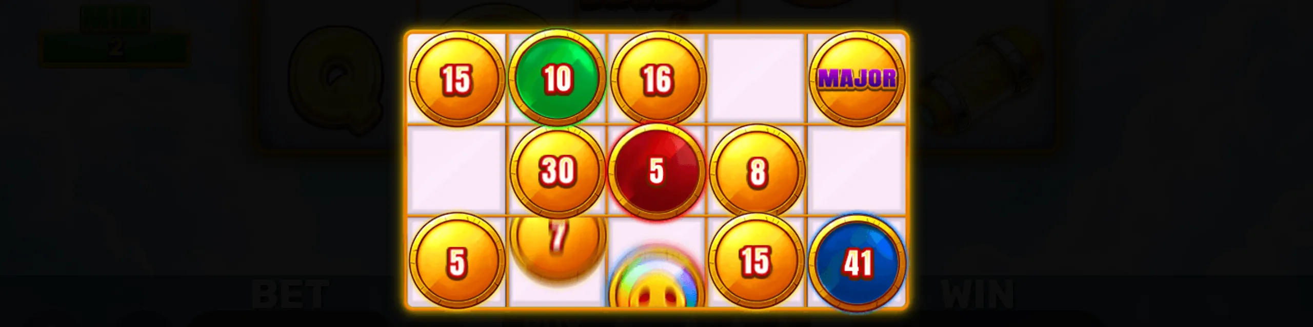 Bright slot game interface featuring colorful coin symbols with numbers and a major jackpot coin.