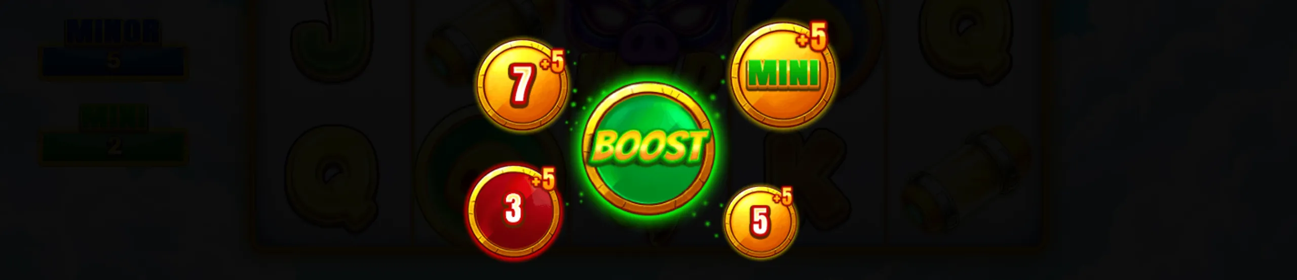 Bright coins and a glowing boost icon highlight potential winnings in the 3 Hero Piggies slot game.