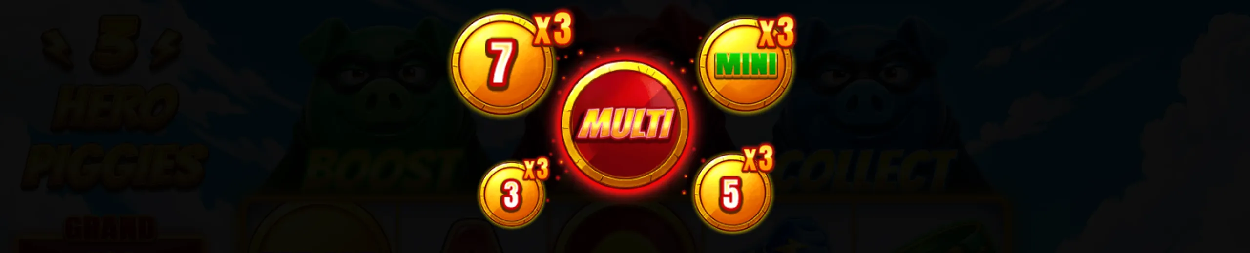 Bright slot game preview featuring golden coins with multipliers and a glowing 'MULTI' button.