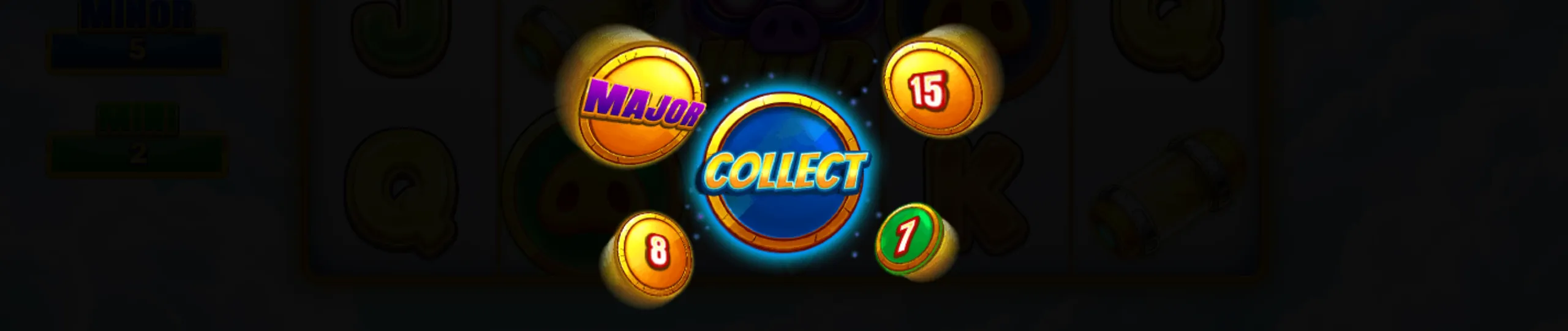 Bright golden coins with numbers and 'MAJOR' text surround a glowing blue coin labeled 'COLLECT' in the 3 Hero Piggies slot game.