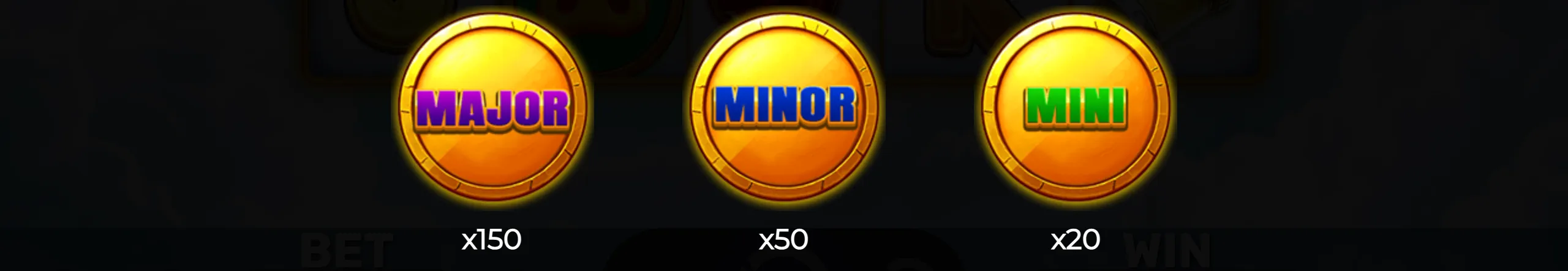 Bright gold coins labeled Major, Minor, and Mini jackpots with respective multipliers x150, x50, and x20 on a dark background