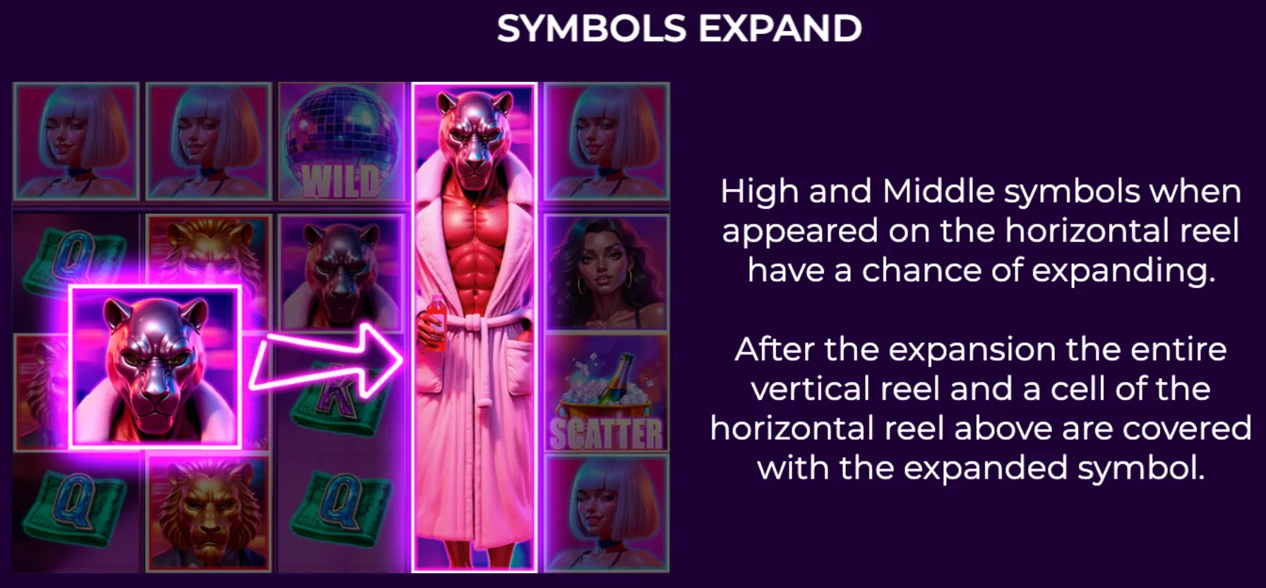 A neon-lit slot reel with anthropomorphic animal symbols and glamorous characters, showcasing an expanding panther symbol in a vibrant party-themed setting.
