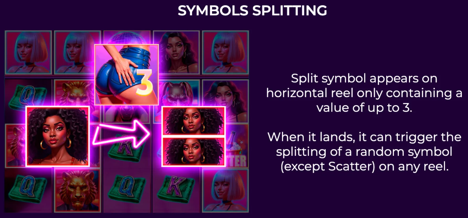 Slot game reels featuring vibrant character symbols and a highlighted symbol splitting mechanic with neon effects.