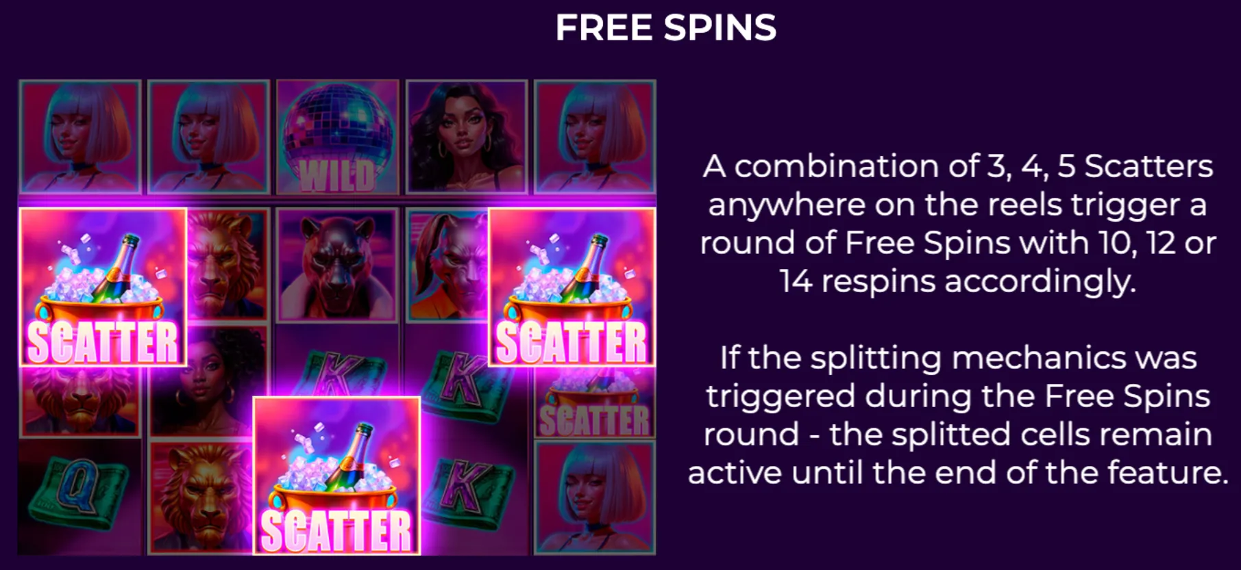 Slot game reels showing scatter symbols with champagne buckets on ice, wild disco ball, and character symbols, highlighting the free spins feature triggered by scatter combinations.