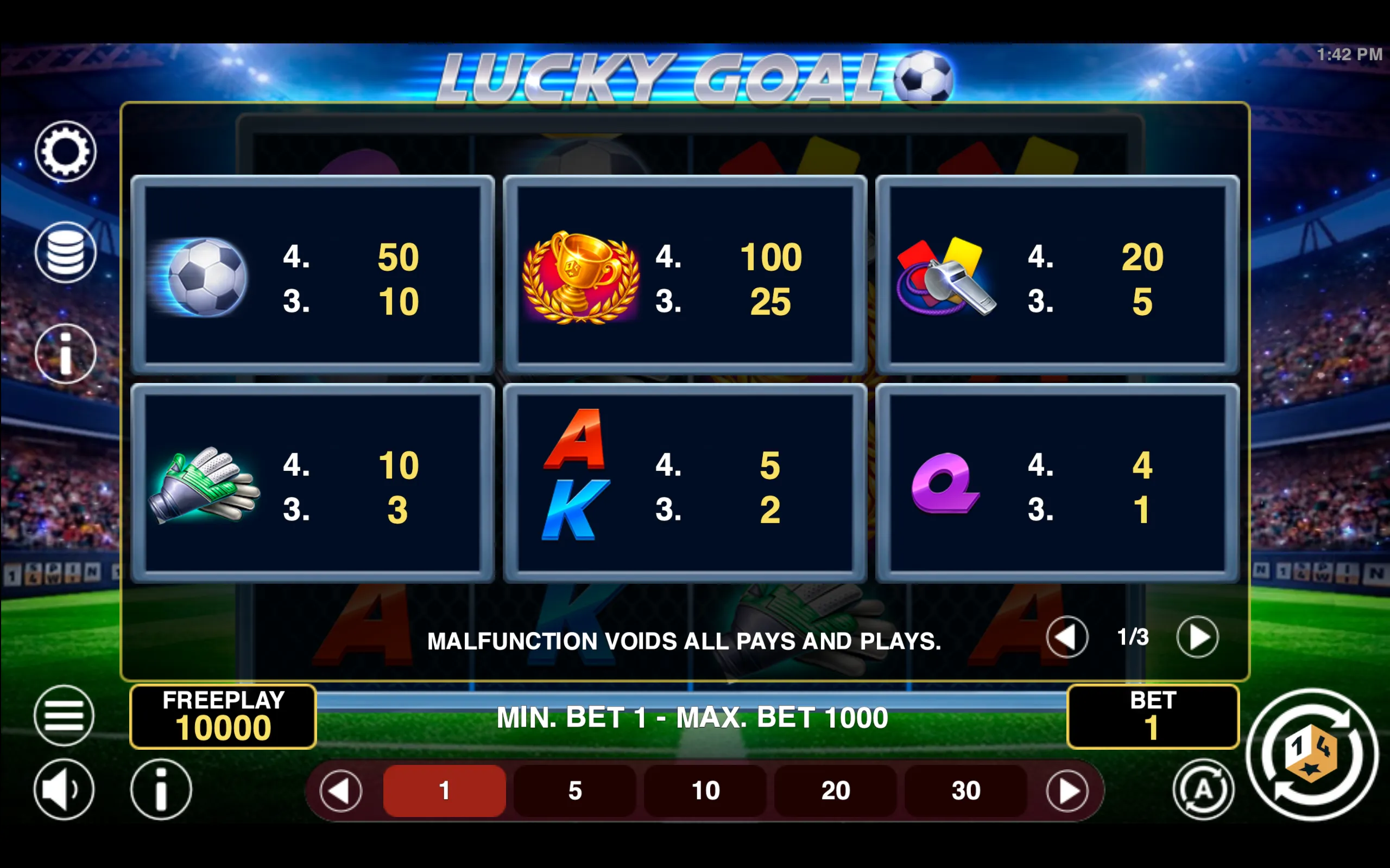 Lucky Goal paytable page 1 with symbol payouts