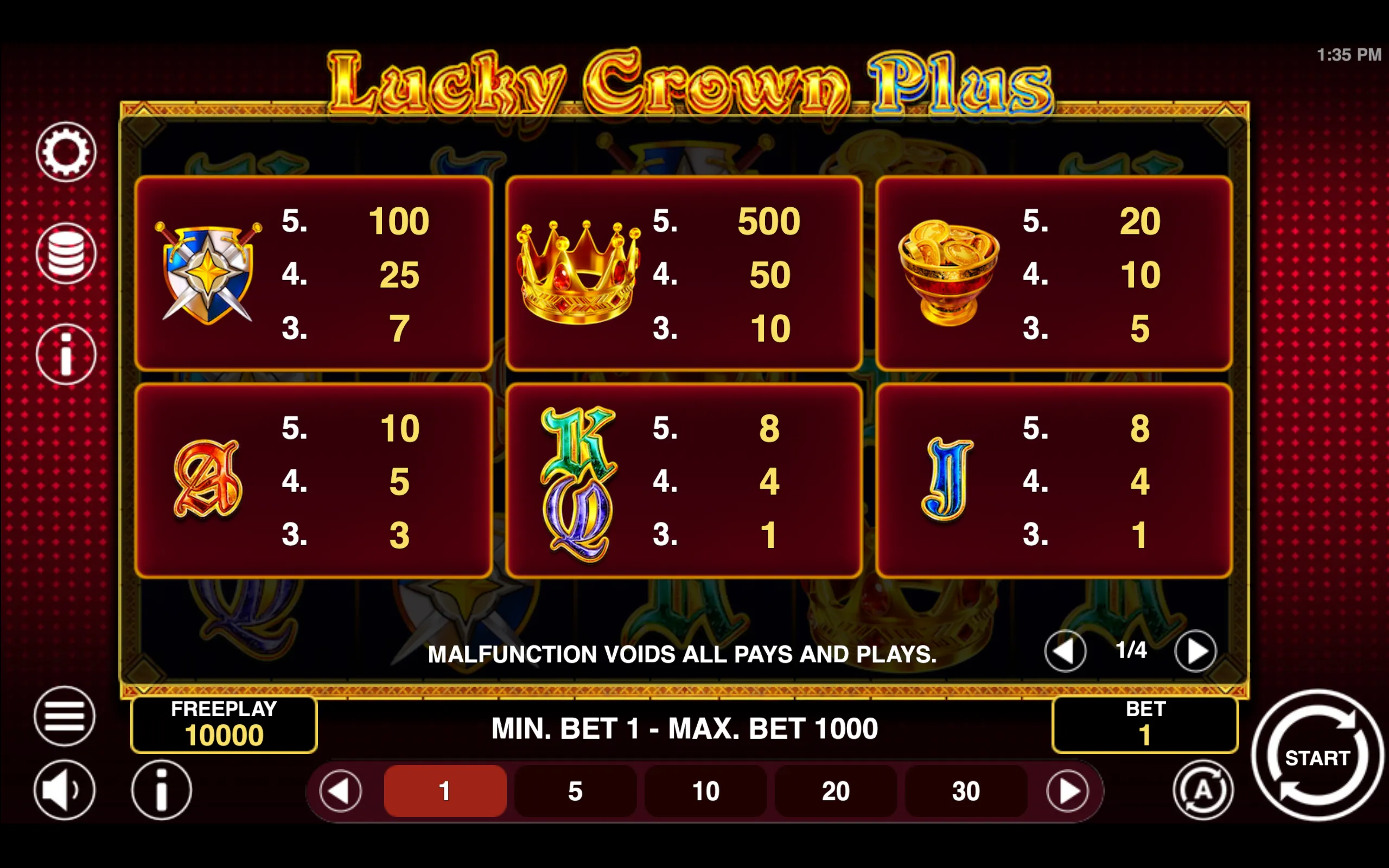 Lucky Crown Plus paytable page 1 with symbol payouts