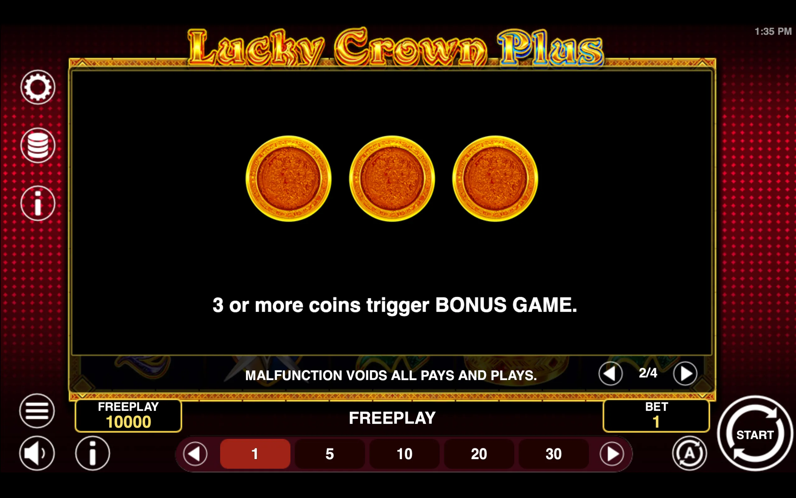 Lucky Crown Plus paytable page 2 with symbol payouts